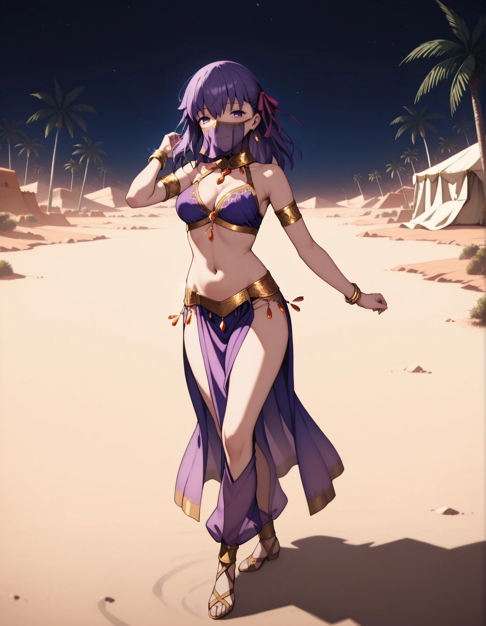 (1girl:1 . 5) , (Seul:1 . 5) , score_9 , score_8_haut , score_7_haut , source_anime , Official work  , ultra-detailed , masterpiece , best quality selfie snapshot , high resolution , beaux yeux , detailed eyes , detailed face , beautiful detailed eyes ,Fate,Matou Sakura,Arabian Clothes , Arabian Dancer ,belly dancer costume ,full body,golden jewelery,mouth veil,armlet, belly dancing,night,desert lands,palm tree,seductive smile, dancing with veil, dynamic movement,dance posture,  pose