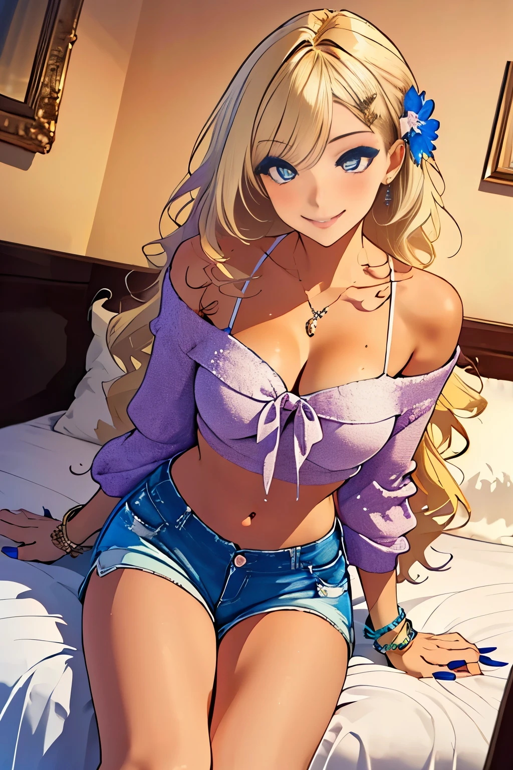 (masterpiece, best quality, high resolution, 8k:1.2), (anime coloring:1.2), highly detailed, sharp detailed, textured skin, soft lighting, ultra high definition, beautiful body, beautiful skin, beautiful breasts, beautiful arms, beautiful hands, beautiful legs, beautiful face, beautiful eyes, symmetrical eyes, (slim, lanky), (1 girl), (tanned skin:1.1), (gal makeup, gradient eyeshadow), (blonde hair, long hair, wavy hair, hair ornament), (fingernails, nail polish), (collarbone, tattoo, off shoulder, navel, shorts, bracelet, jewelry, gal fashion), (room, bed, sitting, smile), smile, looking at viewer, dutch angle, soft gradient eyeshadow, subtle fine shimmer, seamless blend, two-tone layered eyeshadow technique,