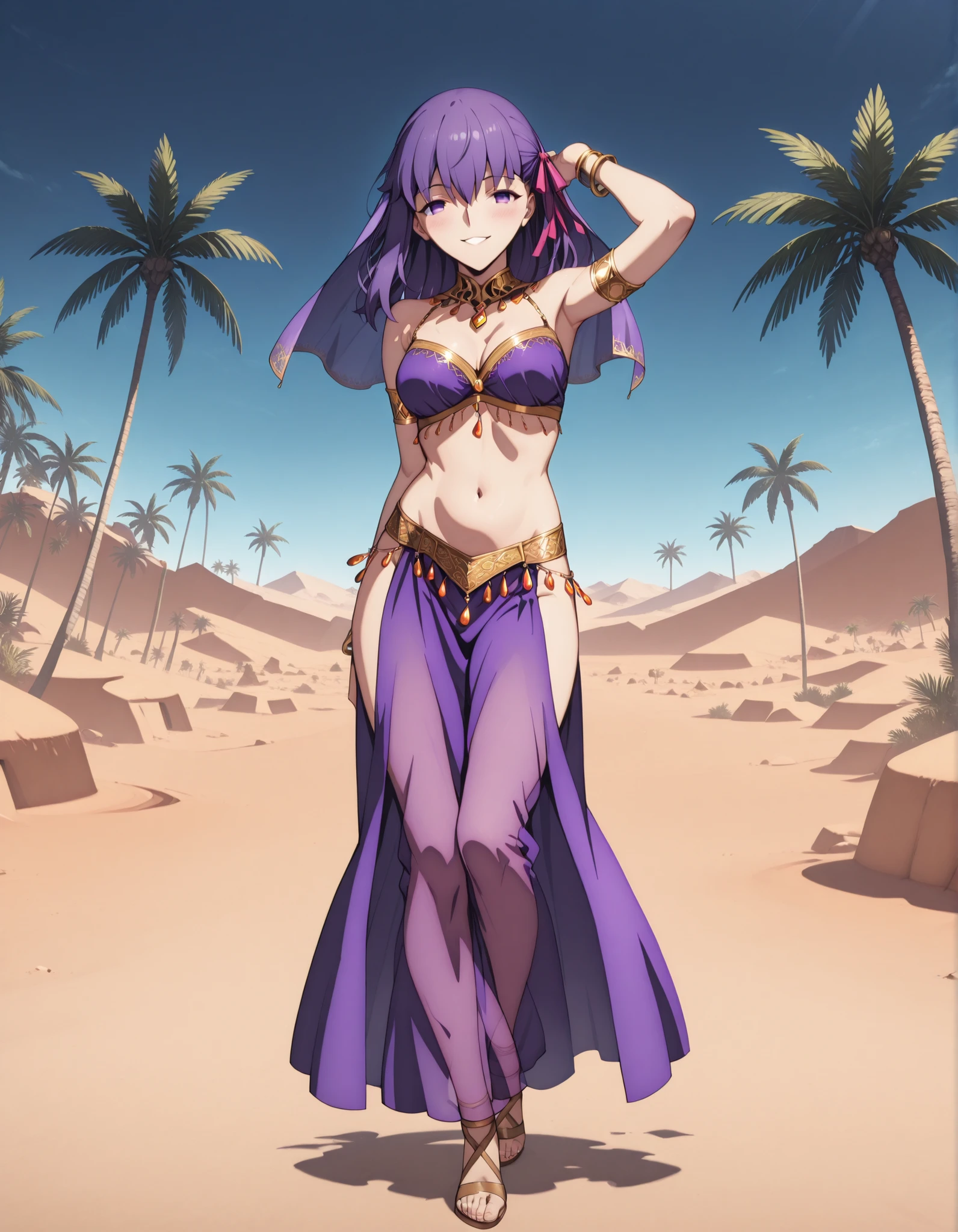 (1girl:1 . 5) , (Seul:1 . 5) , score_9 , score_8_haut , score_7_haut , source_anime , Official work , ultra-detailed , masterpiece , best quality selfie snapshot , high resolution , beaux yeux , detailed eyes , detailed face , beautiful detailed eyes ,Fate,Matou Sakura,Arabian Clothes , Arabian Dancer ,belly dancer costume ,full body,golden jewelery,armlet, belly dancing,desert lands,palm tree,seductive smile, dancing with veil, dynamic movement,dance posture, seductive pose