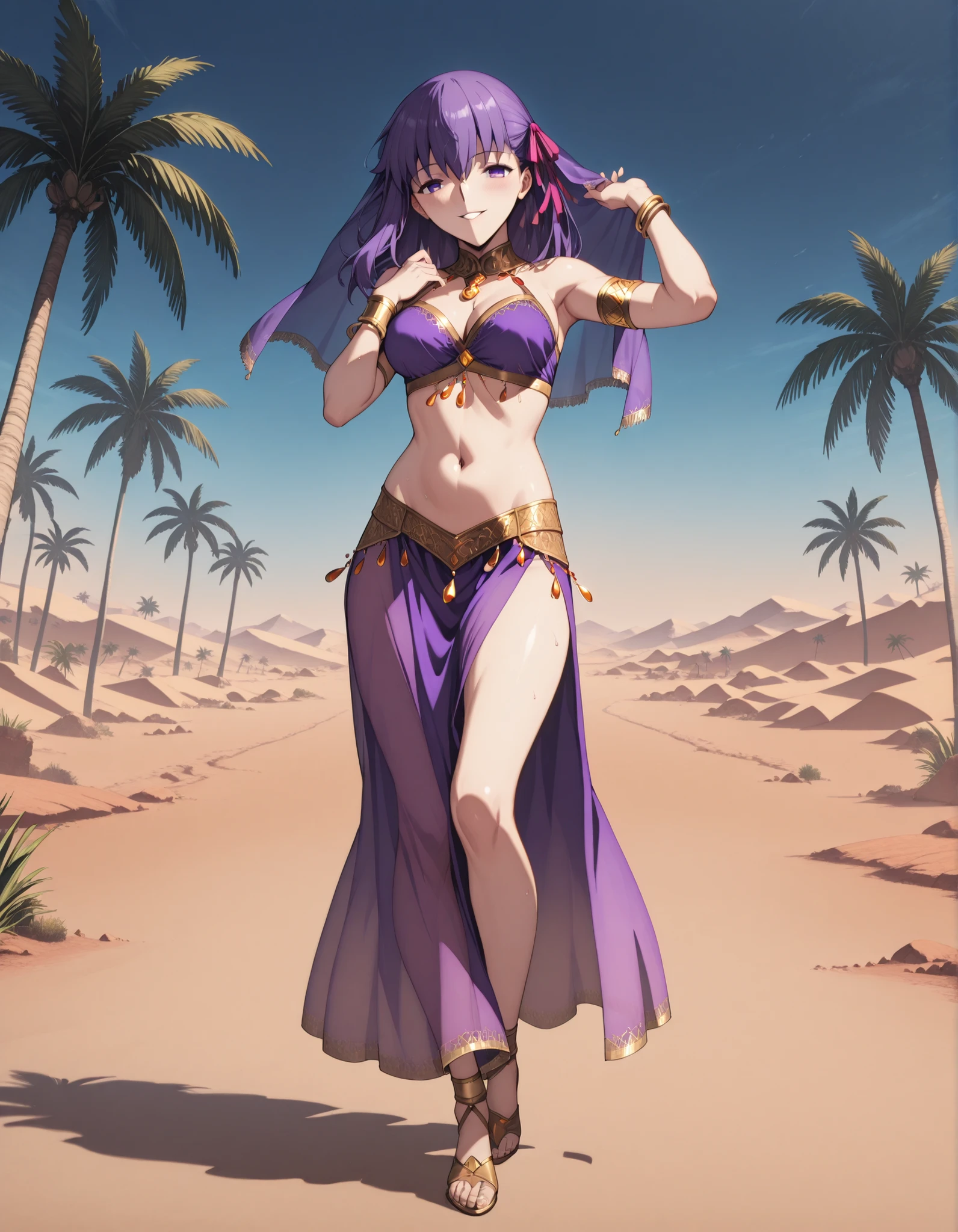 (1girl:1 . 5) , (Seul:1 . 5) , score_9 , score_8_haut , score_7_haut , source_anime , Official work , ultra-detailed , masterpiece , best quality selfie snapshot , high resolution , beaux yeux , detailed eyes , detailed face , beautiful detailed eyes ,Fate,Matou Sakura,Arabian Clothes , Arabian Dancer ,belly dancer costume ,full body,golden jewelery,armlet, belly dancing,desert lands,palm tree,seductive smile, dancing with veil, dynamic movement,dance posture, pose