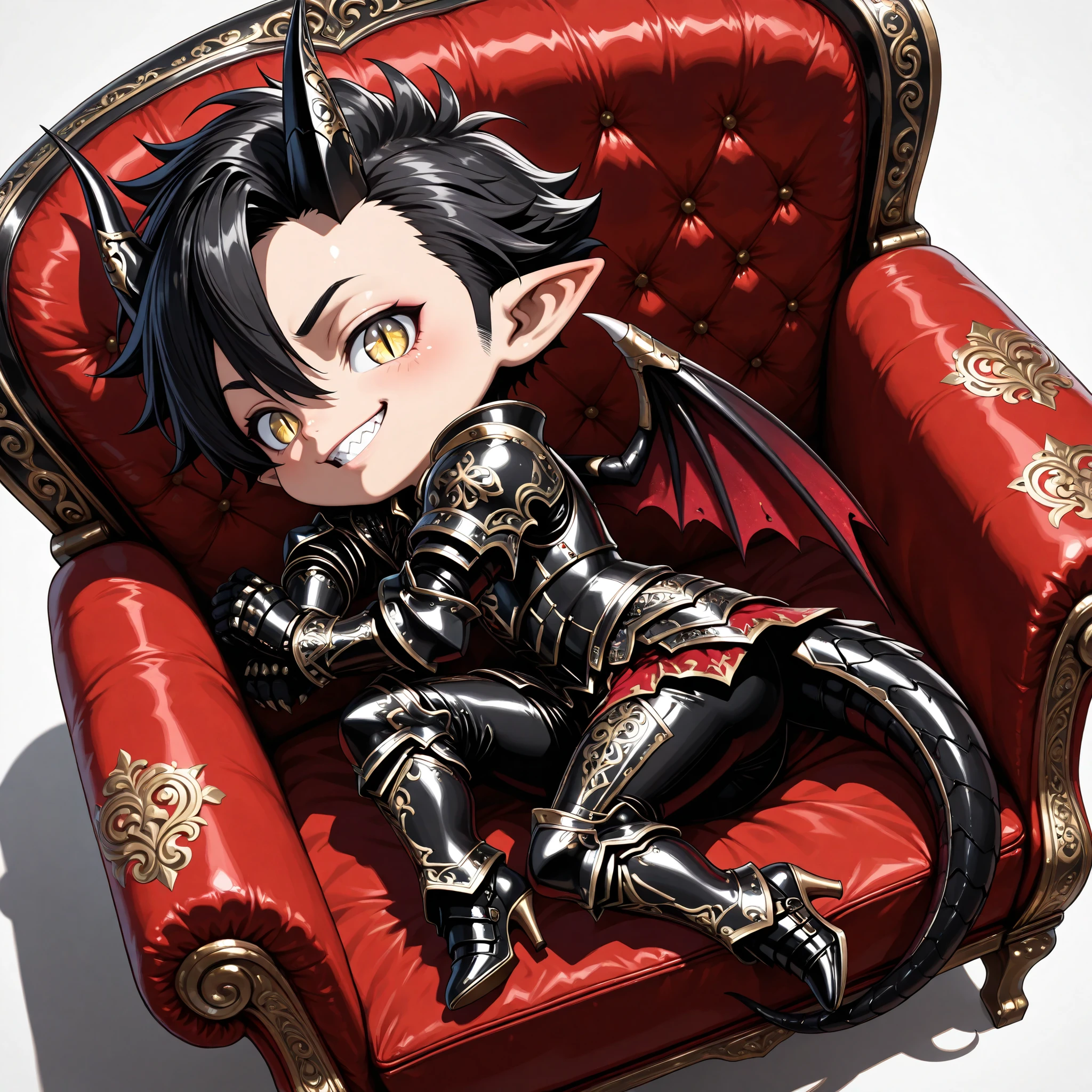 score_9, score_8_up, score_7_up, absurdres, (((128K Ultra High Resolution))), (masterpiece, best quality: 1. 5), (high definition: 1. 4), (highres), 8K wallpaper, (excellent graphics: 1. 5), CG, (((Japanese Anime style)), (chibi, super cute, super deformed: 1. 5), (SD character, shortstack, 2-head-tall: 1. 5), (tiny body, big round head, short limbs, round face: 1. 5), 1 boy\(very small kid), (solo), weredragon, glossy black, shiny black leather, ((beautiful golden eyes, finely detailed eyes, bright eyes, slit pupils)), (hair between eyes, black hair, long hair, sideburns, wild hair), (sly grin, sinister grin, smirk), teeth, confident, ((ultra detailed face)), shiny skin, long pointy ears, twisted torso, sculpted face, wasp waist, dragon horn, dragon tail, dragon wings, dragon sharp claws, (black armor with a lot of grandiose decorations: 1. 5), half dragon half human, (sit cross-legged, sit sideways, luxury antique red plush velvet chair: 1. 5), (dramatic angle, dynamic pose: 1. 5), (ultra detailed black armor, well-polished black armor: 1. 5), (gold-adorned armor: 1. 5), all black outfit, full body, sharp focus, good-looking man, (best illustration, highly detailed artwork: 1. 5), (cinematic), dramatic lighting, (intricate detail, extreme detailed, super detailed: 1. 5), chiseled features, (stark contrast, heavy shadows: 1. 3), detailed black decorations, beautiful & aesthetic, (from side), (from above), (mysteriously crafted black metal armor: 1. 5), thick & luxuriant hair, (ultra detailed fantasy black armor, wonderful black armor: 1. 5), (realistic metal texture), (extremely delicate & beautiful armor, elaborate armor details: 1. 5), (giant black armor, dark armor, stylized armor: 1, 5), (((armor-type high heels))), (extremely detailed armor with intricate engravings, intricate armor with gold ornaments: 1. 5), ((very gorgeous and dazzling)), (dark fantasy black knight: 1. 5), (Hyper Detailed & Perfectly Designed Black Armor: 1. 5), (simple white background)