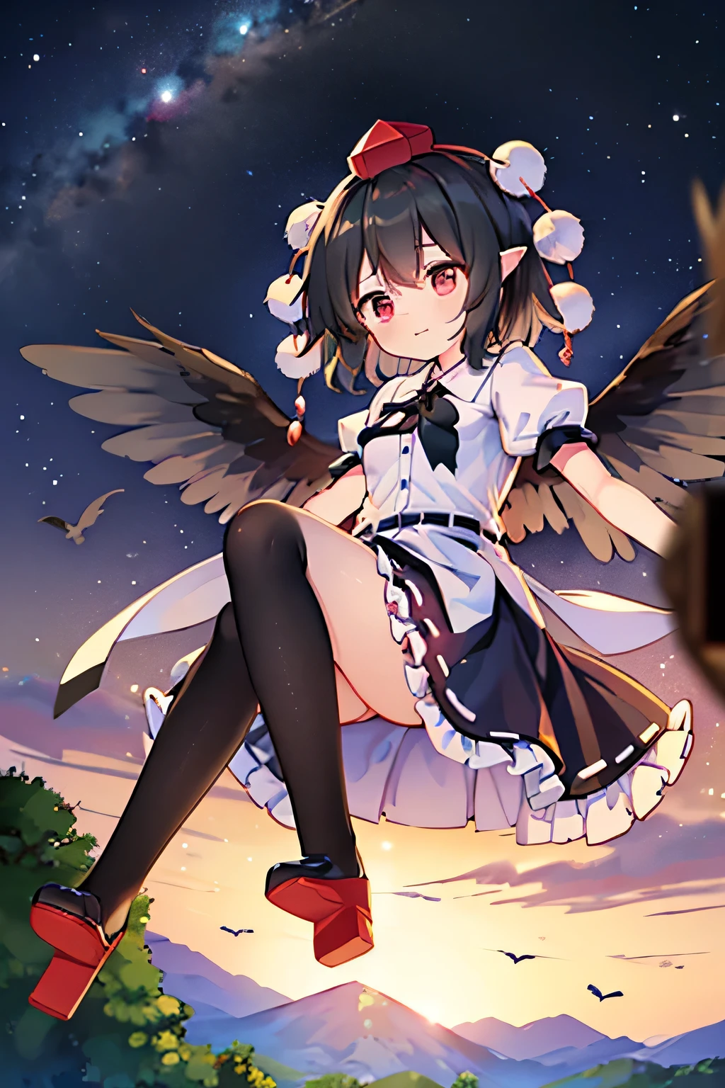 Aya Shameimaru(touhou) Karasutengu　　　　　　　　Dusk　past your field of vision
The beast is　holding its breath

Tonight　for my toddler's arm fist
What is the whereabouts of the dream that shakes　without leaving anything

The wind blows　dredged the ground, dragged Nobe to his mountain
If there is a laughing gate, double return
With wings that bear disaster on their black backs and confuse with the darkness
Crows beat the heavens

Yūkage　magic
Take the night in the middle of the night　vermilion vermilion　Pathetic　targets were shot even now
The doll that falls down　floats in the air

The wind snatches the child and hugs the rock to his hill
Unnoticed　hide in the mountains tonight too
Oh, I chose the wrong path　Itoshi　Light々and
Whose name is it that you will lose your name

Yes　What is a wipe sleeve　wet feathers
The more you look up, the farther away the flash
Ako won't return

The wind　Innocent Visions Till This Village
That is nostalgic mountain kagura
left behind, no shape　the girl's happiness
Play over black, shameimaru aya