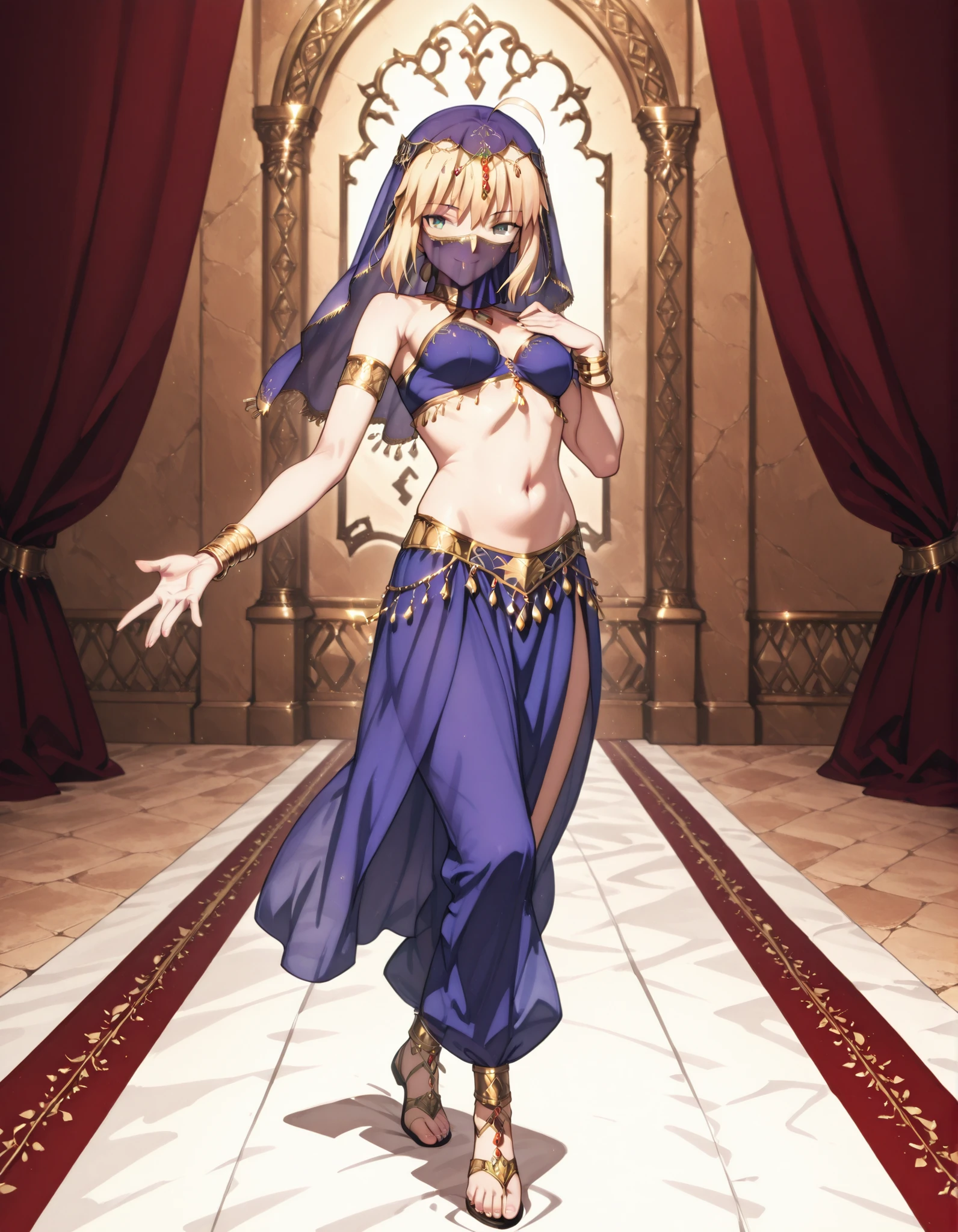 (1girl:1 . 5) , (Seul:1 . 5) , score_9 , score_8_haut , score_7_haut , source_anime , Official work , ultra-detailed , masterpiece , best quality selfie snapshot , high resolution , beaux yeux , detailed eyes , detailed face , beautiful detailed eyes ,Fate,Artoria Pendragon,Arabian Clothes , Arabian Dancer ,belly dancer costume ,full body,golden jewelery,mouth veil,armlet, belly dancing,arabian theater,seductive smile, dancing with veil, dynamic movement,dance posture, seductive pose