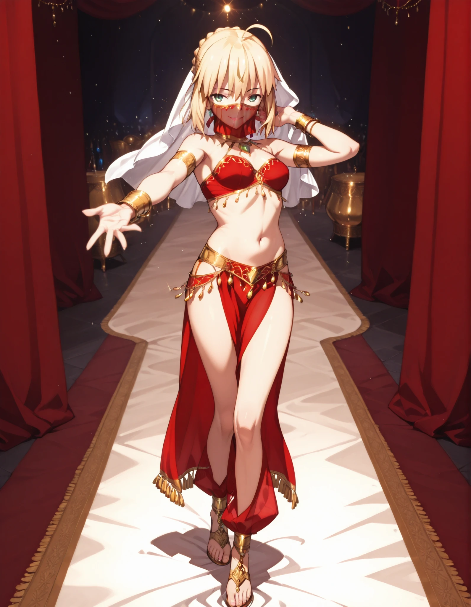 (1girl:1 . 5) , (Seul:1 . 5) , score_9 , score_8_haut , score_7_haut , source_anime , Official work , ultra-detailed , masterpiece , best quality selfie snapshot , high resolution , beaux yeux , detailed eyes , detailed face , beautiful detailed eyes ,Fate,Artoria Pendragon,Arabian Clothes , Arabian Dancer ,belly dancer costume ,full body,golden jewelery,mouth veil,armlet, belly dancing,arabian theater,seductive smile, dancing with veil, dynamic movement,dance posture, seductive pose