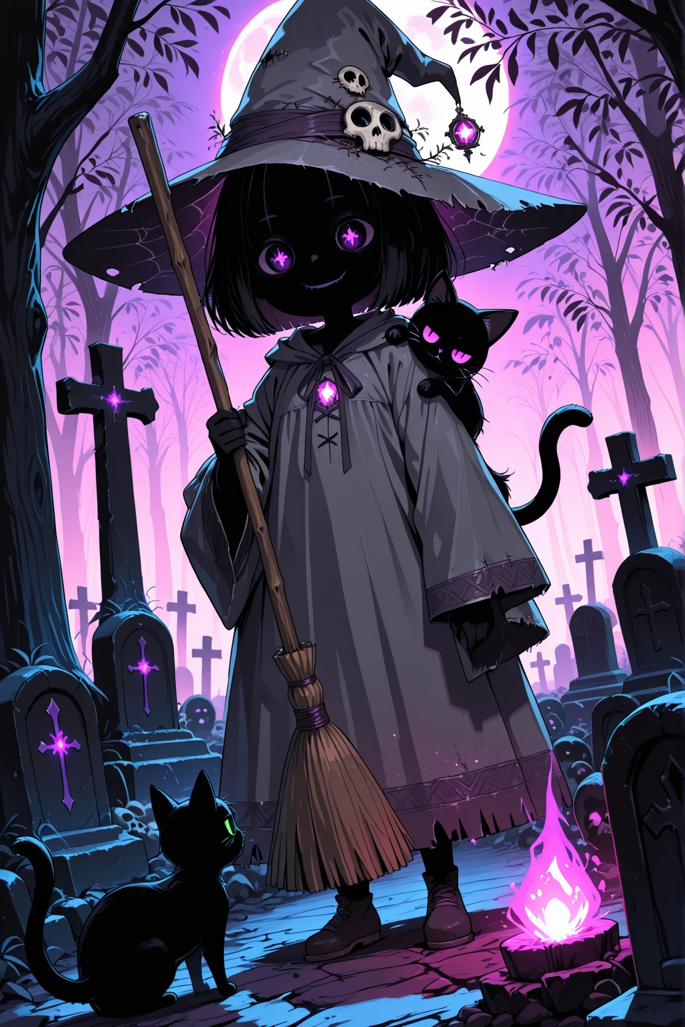 (dutch angle))(masterpiece, best quality), dynamic angle, chibi, witch, stitches mouth, smile, creepy, black skin, cat on shoulder, loose witch robe, stitched robe, gray robe, purple runes, frayed robe, witch hat, trinkets on hat, spiderweb on hat, button eyes, doll, holding broom, ((black cat with bones)), zombie, cemetery, tombstones, willow trees, magic rubes, glowing runes,motion blur,monochrome with selective dark splash effects, bloodmoon, dark purple effect, dynamic illustration, dramatic lighting,