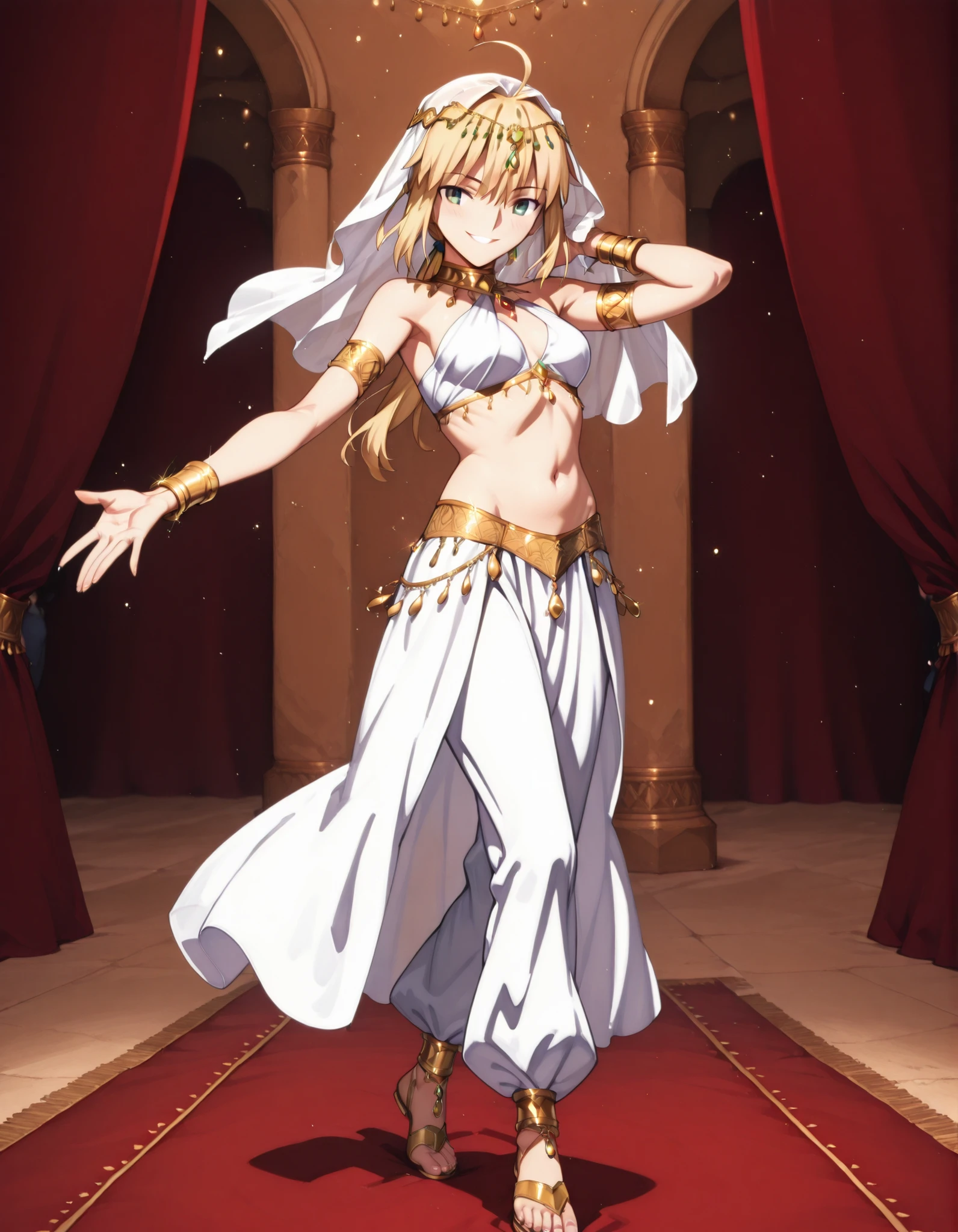 (1girl:1 . 5) , (Seul:1 . 5) , score_9 , score_8_haut , score_7_haut , source_anime , Official work , ultra-detailed , masterpiece , best quality selfie snapshot , high resolution , beaux yeux , detailed eyes , detailed face , beautiful detailed eyes ,Fate,Artoria Pendragon(Saber),Arabian Clothes , Arabian Dancer ,belly dancer costume ,full body,golden jewelery,armlet, belly dancing,arabian theater,seductive smile, dancing with veil, dynamic movement,dance posture, seductive pose
