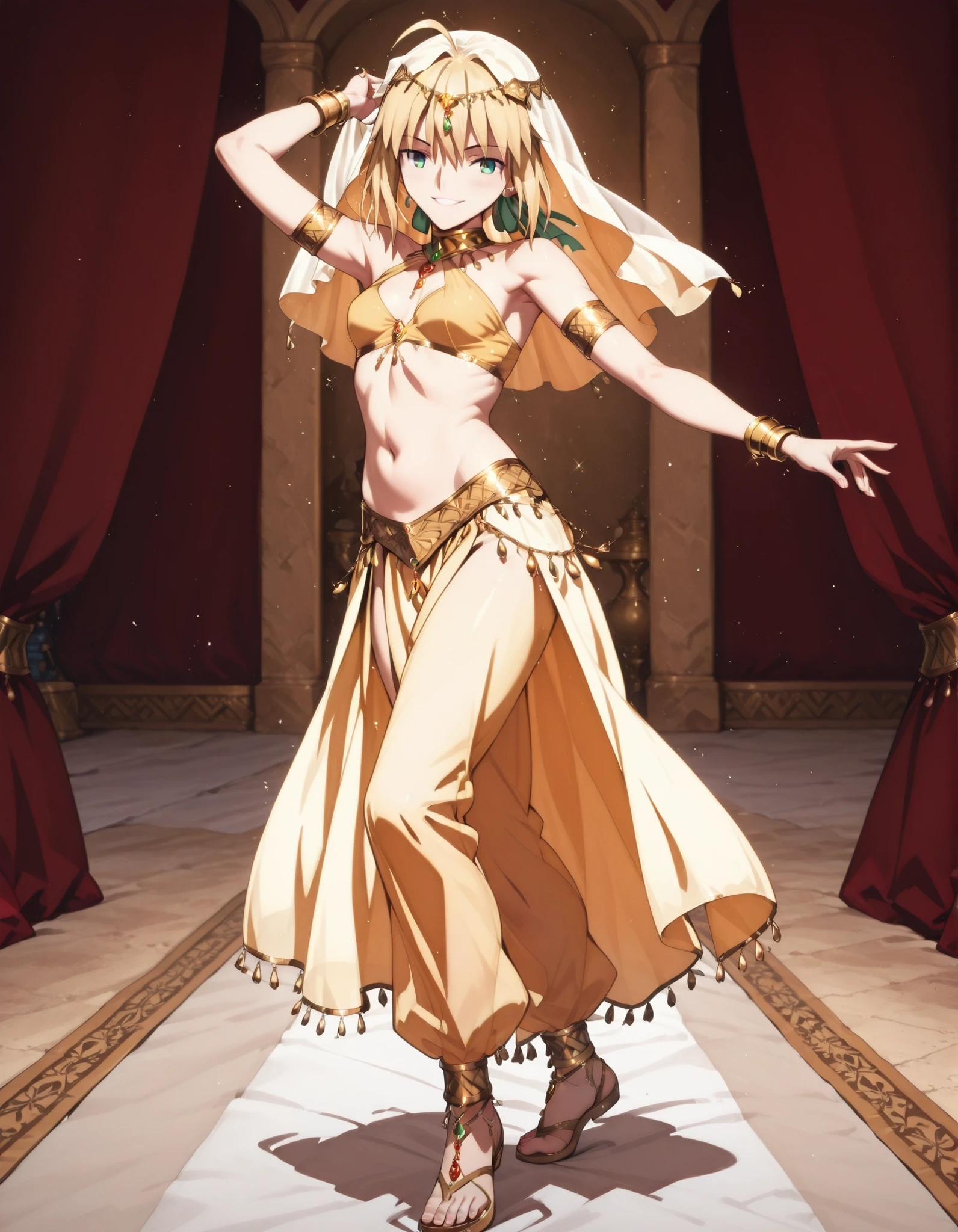 (1girl:1 . 5) , (Seul:1 . 5) , score_9 , score_8_haut , score_7_haut , source_anime , Official work , ultra-detailed , masterpiece , best quality selfie snapshot , high resolution , beaux yeux , detailed eyes , detailed face , beautiful detailed eyes ,Fate,Artoria Pendragon(Saber),Arabian Clothes , Arabian Dancer ,belly dancer costume ,full body,golden jewelery,armlet, belly dancing,arabian theater,seductive smile, dancing with veil, dynamic movement,dance posture, seductive pose