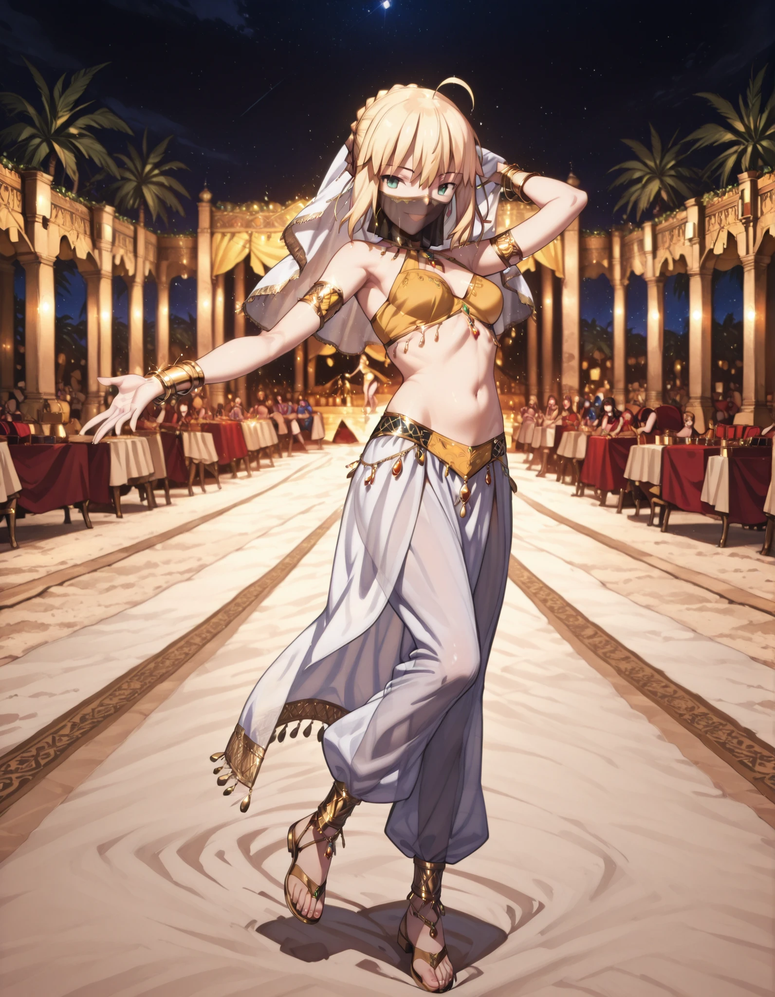 (1girl:1 . 5) , (Seul:1 . 5) , score_9 , score_8_haut , score_7_haut , source_anime , Official work , ultra-detailed , masterpiece , best quality selfie snapshot , high resolution , beaux yeux , detailed eyes , detailed face , beautiful detailed eyes ,Fate,Artoria Pendragon,Arabian Clothes , Arabian Dancer ,belly dancer costume ,full body,golden jewelery,mouth veil,armlet, belly dancing,night,arabian garden,seductive smile, dancing with veil, dynamic movement,dance posture, seductive pose