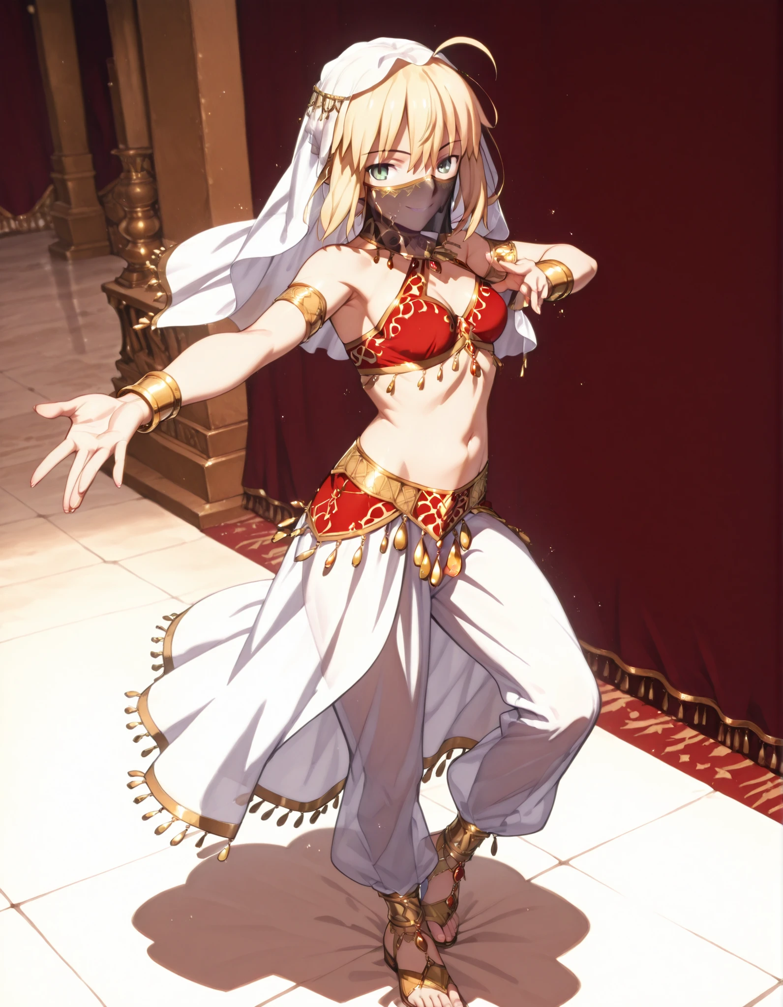 (1girl:1 . 5) , (Seul:1 . 5) , score_9 , score_8_haut , score_7_haut , source_anime , Official work , ultra-detailed , masterpiece , best quality selfie snapshot , high resolution , beaux yeux , detailed eyes , detailed face , beautiful detailed eyes ,Fate,Artoria Pendragon,Arabian Clothes , Arabian Dancer ,belly dancer costume ,full body,golden jewelery,mouth veil,armlet, belly dancing,arabian garden,seductive smile, dancing with veil, dynamic movement,dance posture, seductive pose