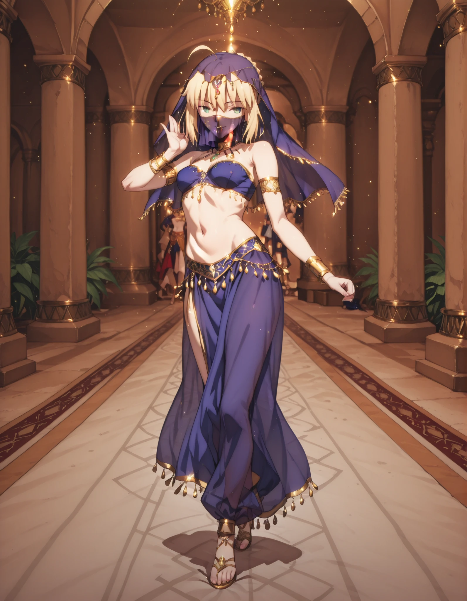 (1girl:1 . 5) , (Seul:1 . 5) , score_9 , score_8_haut , score_7_haut , source_anime , Official work , ultra-detailed , masterpiece , best quality selfie snapshot , high resolution , beaux yeux , detailed eyes , detailed face , beautiful detailed eyes ,Fate,Artoria Pendragon,Arabian Clothes , Arabian Dancer ,belly dancer costume ,full body,golden jewelery,mouth veil,armlet, belly dancing,arabian garden,seductive smile, dancing with veil, dynamic movement,dance posture, seductive pose