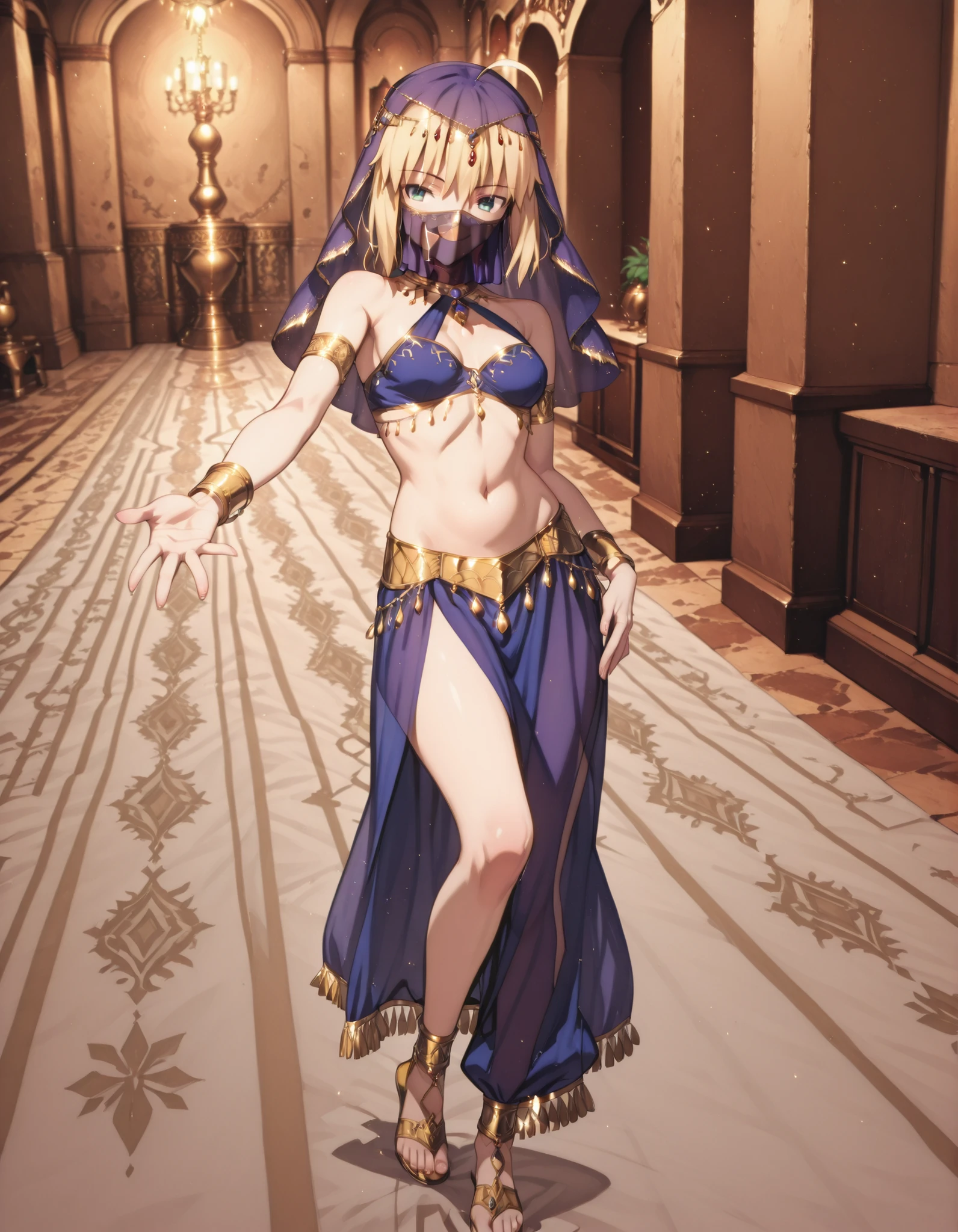 (1girl:1 . 5) , (Seul:1 . 5) , score_9 , score_8_haut , score_7_haut , source_anime , Official work , ultra-detailed , masterpiece , best quality selfie snapshot , high resolution , beaux yeux , detailed eyes , detailed face , beautiful detailed eyes ,Fate,Artoria Pendragon,Arabian Clothes , Arabian Dancer ,belly dancer costume ,full body,golden jewelery,mouth veil,armlet, belly dancing,arabian garden,seductive smile, dancing with veil, dynamic movement,dance posture, seductive pose