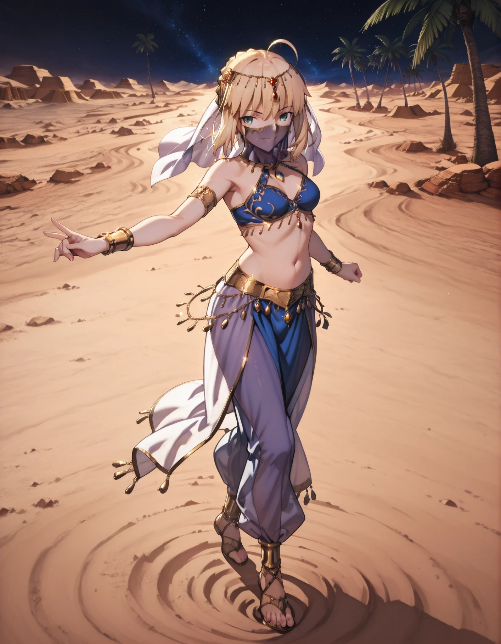 (1girl:1 . 5) , (Seul:1 . 5) , score_9 , score_8_haut , score_7_haut , source_anime , Official work , ultra-detailed , masterpiece , best quality selfie snapshot , high resolution , beaux yeux , detailed eyes , detailed face , beautiful detailed eyes ,Fate,Artoria Pendragon,Arabian Clothes , Arabian Dancer ,belly dancer costume ,full body,golden jewelery,mouth veil,armlet, belly dancing,night,desert lands,palm tree,seductive smile, dancing with veil, dynamic movement,dance posture, seductive pose