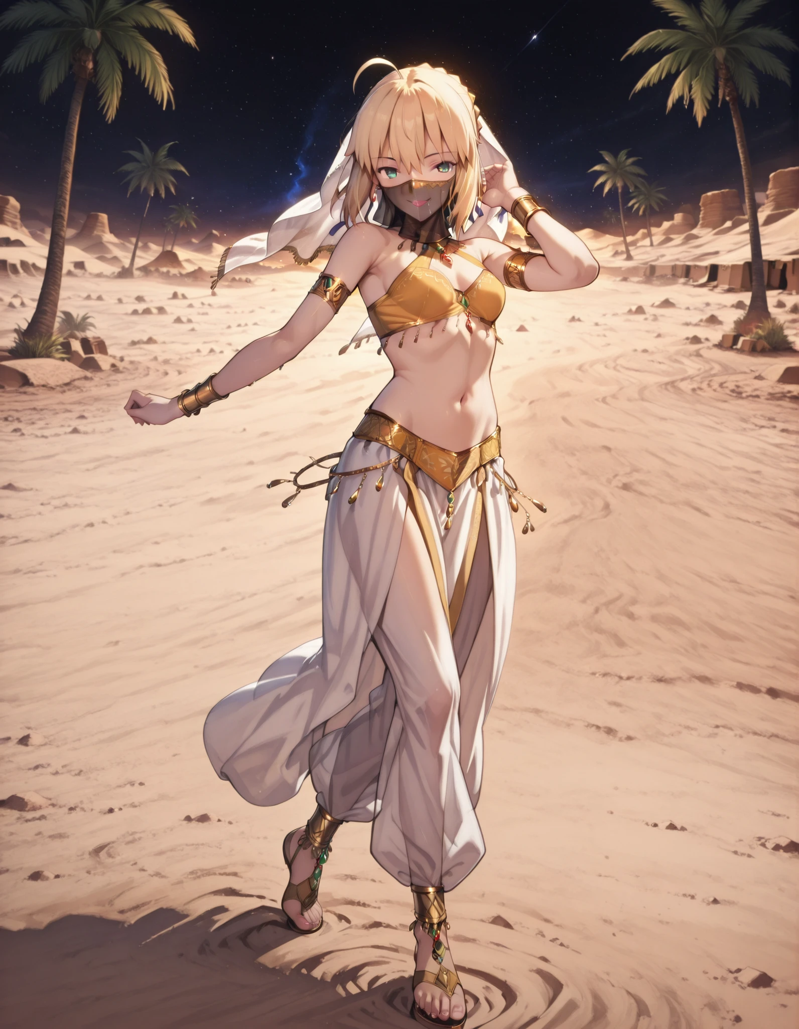 (1girl:1 . 5) , (Seul:1 . 5) , score_9 , score_8_haut , score_7_haut , source_anime , Official work , ultra-detailed , masterpiece , best quality selfie snapshot , high resolution , beaux yeux , detailed eyes , detailed face , beautiful detailed eyes ,Fate,Artoria Pendragon,Arabian Clothes , Arabian Dancer ,belly dancer costume ,full body,golden jewelery,mouth veil,armlet, belly dancing,night,desert lands,palm tree,seductive smile, dancing with veil, dynamic movement,dance posture, seductive pose