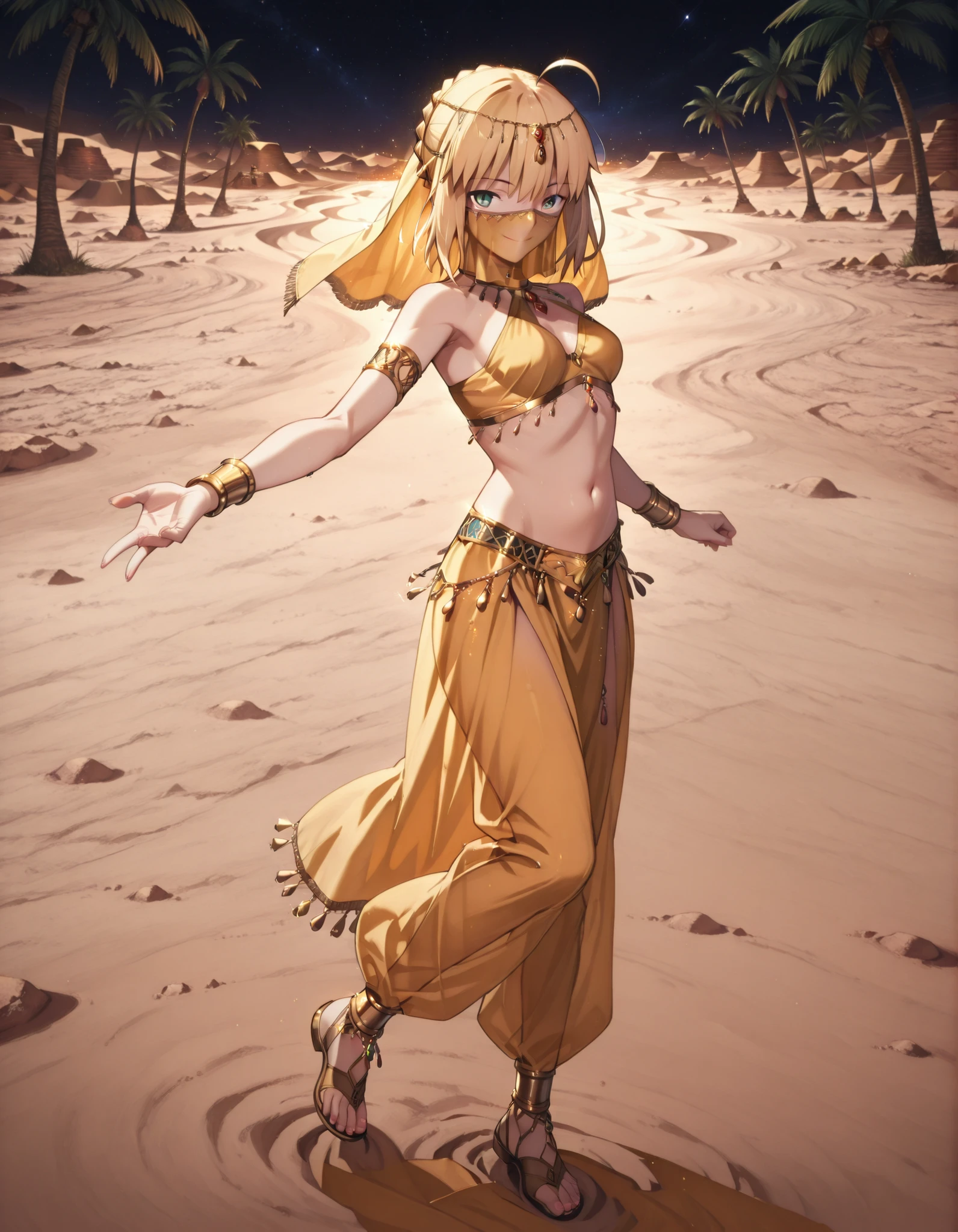 (1girl:1 . 5) , (Seul:1 . 5) , score_9 , score_8_haut , score_7_haut , source_anime , Official work , ultra-detailed , masterpiece , best quality selfie snapshot , high resolution , beaux yeux , detailed eyes , detailed face , beautiful detailed eyes ,Fate,Artoria Pendragon,Arabian Clothes , Arabian Dancer ,belly dancer costume ,full body,golden jewelery,mouth veil,armlet, belly dancing,night,desert lands,palm tree,seductive smile, dancing with veil, dynamic movement,dance posture, seductive pose