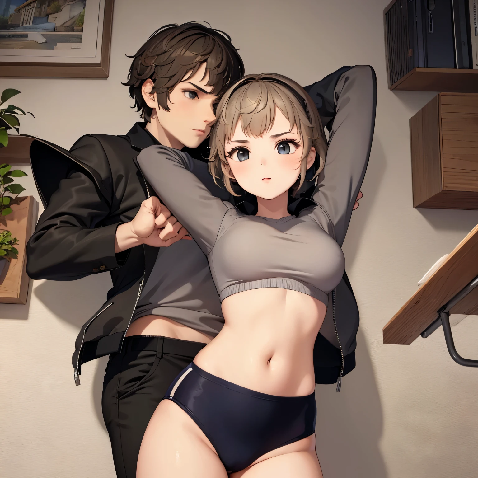 1girl wearing a black gymnastics bloomers,2boys in business suit, (sandwiched:1.1), masterpiece, best quality, highly detailed ,sword,armor,standing