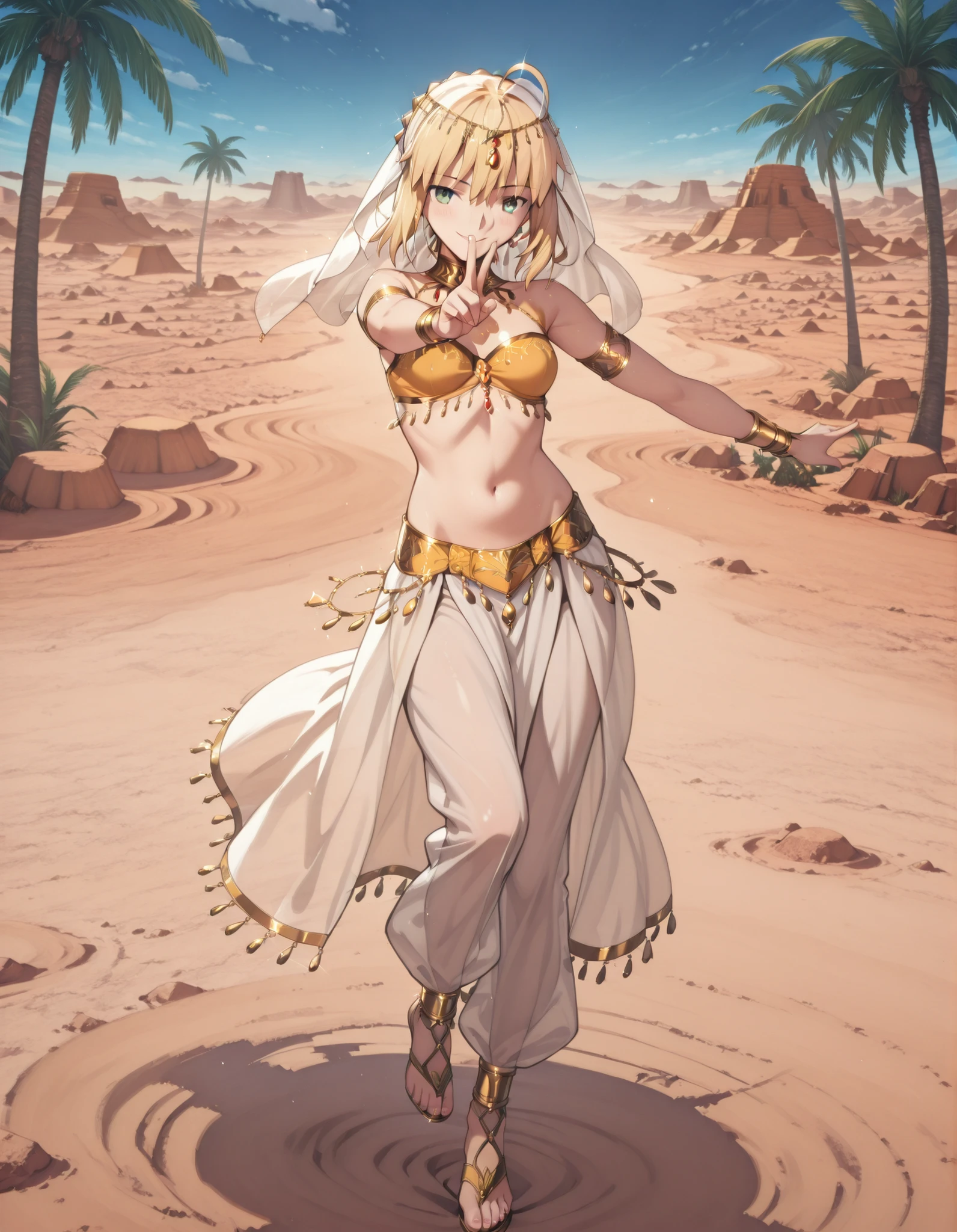 (1girl:1 . 5) , (Seul:1 . 5) , score_9 , score_8_haut , score_7_haut , source_anime , Official work , ultra-detailed , masterpiece , best quality selfie snapshot , high resolution , beaux yeux , detailed eyes , detailed face , beautiful detailed eyes ,Fate,Artoria Pendragon,Arabian Clothes , Arabian Dancer ,belly dancer costume ,full body,golden jewelery,armlet, belly dancing,desert lands,palm tree,seductive smile, dancing with veil, dynamic movement,dance posture, seductive pose