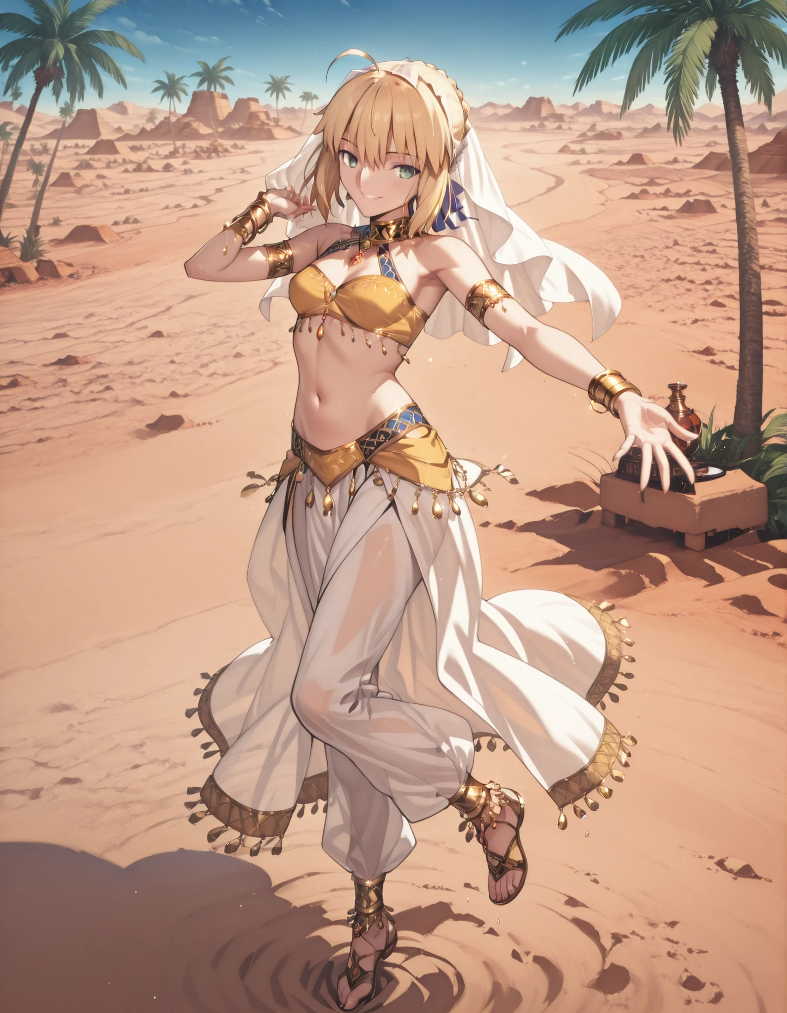 (1girl:1 . 5) , (Seul:1 . 5) , score_9 , score_8_haut , score_7_haut , source_anime , Official work , ultra-detailed , masterpiece , best quality selfie snapshot , high resolution , beaux yeux , detailed eyes , detailed face , beautiful detailed eyes ,Fate,Artoria Pendragon,Arabian Clothes , Arabian Dancer ,belly dancer costume ,full body,golden jewelery,armlet, belly dancing,desert lands,palm tree,seductive smile, dancing with veil, dynamic movement,dance posture, seductive pose