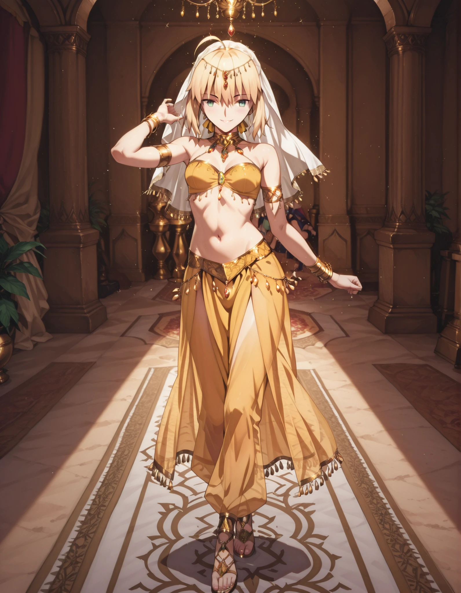 (1girl:1 . 5) , (Seul:1 . 5) , score_9 , score_8_haut , score_7_haut , source_anime , Official work , ultra-detailed , masterpiece , best quality selfie snapshot , high resolution , beaux yeux , detailed eyes , detailed face , beautiful detailed eyes ,Fate,Artoria Pendragon,Arabian Clothes , Arabian Dancer ,belly dancer costume ,full body,golden jewelery,armlet, belly dancing,arabian garden,seductive smile, dancing with veil, dynamic movement,dance posture, seductive pose