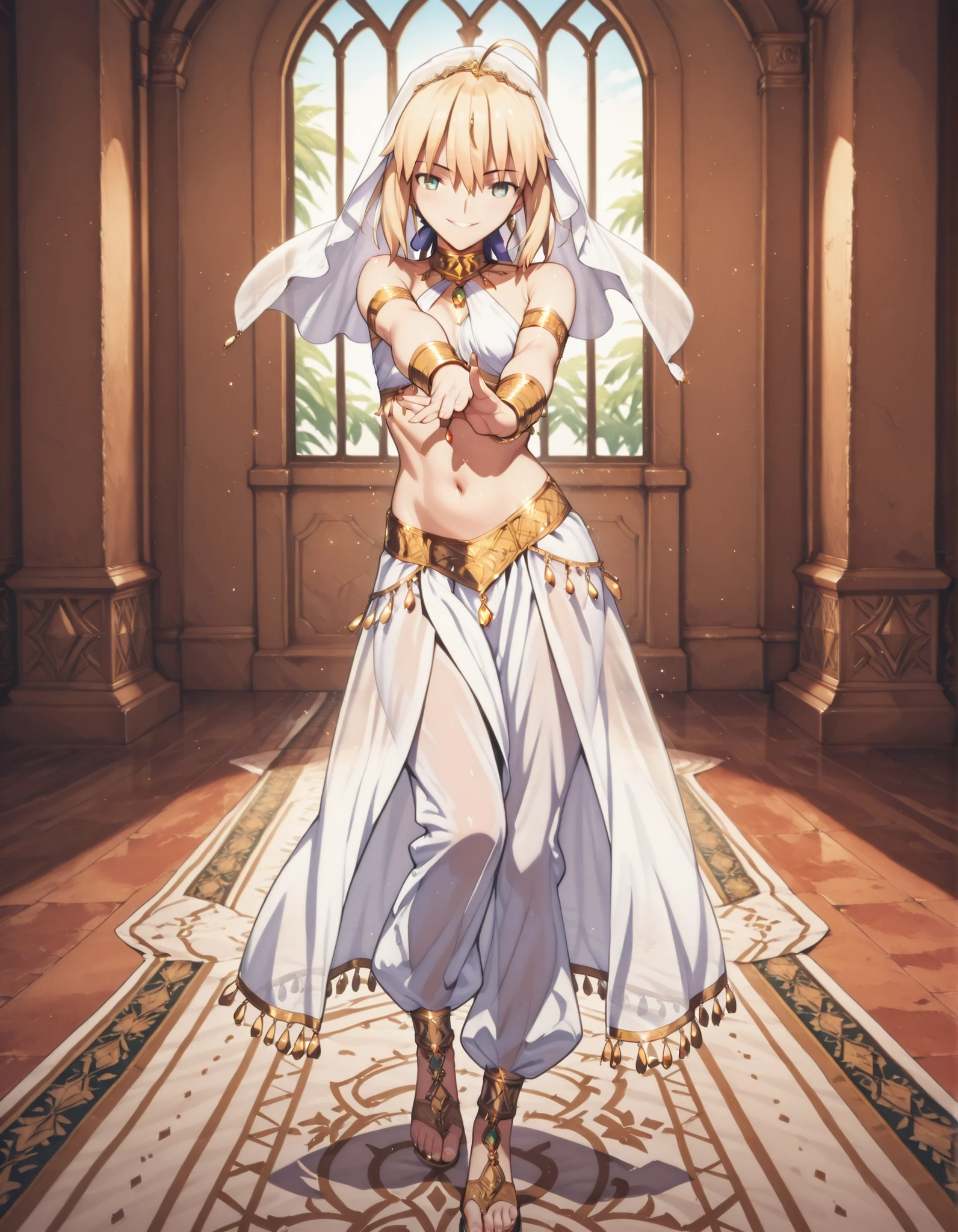 (1girl:1 . 5) , (Seul:1 . 5) , score_9 , score_8_haut , score_7_haut , source_anime , Official work , ultra-detailed , masterpiece , best quality selfie snapshot , high resolution , beaux yeux , detailed eyes , detailed face , beautiful detailed eyes ,Fate,Artoria Pendragon,Arabian Clothes , Arabian Dancer ,belly dancer costume ,full body,golden jewelery,armlet, belly dancing,arabian garden,seductive smile, dancing with veil, dynamic movement,dance posture, seductive pose