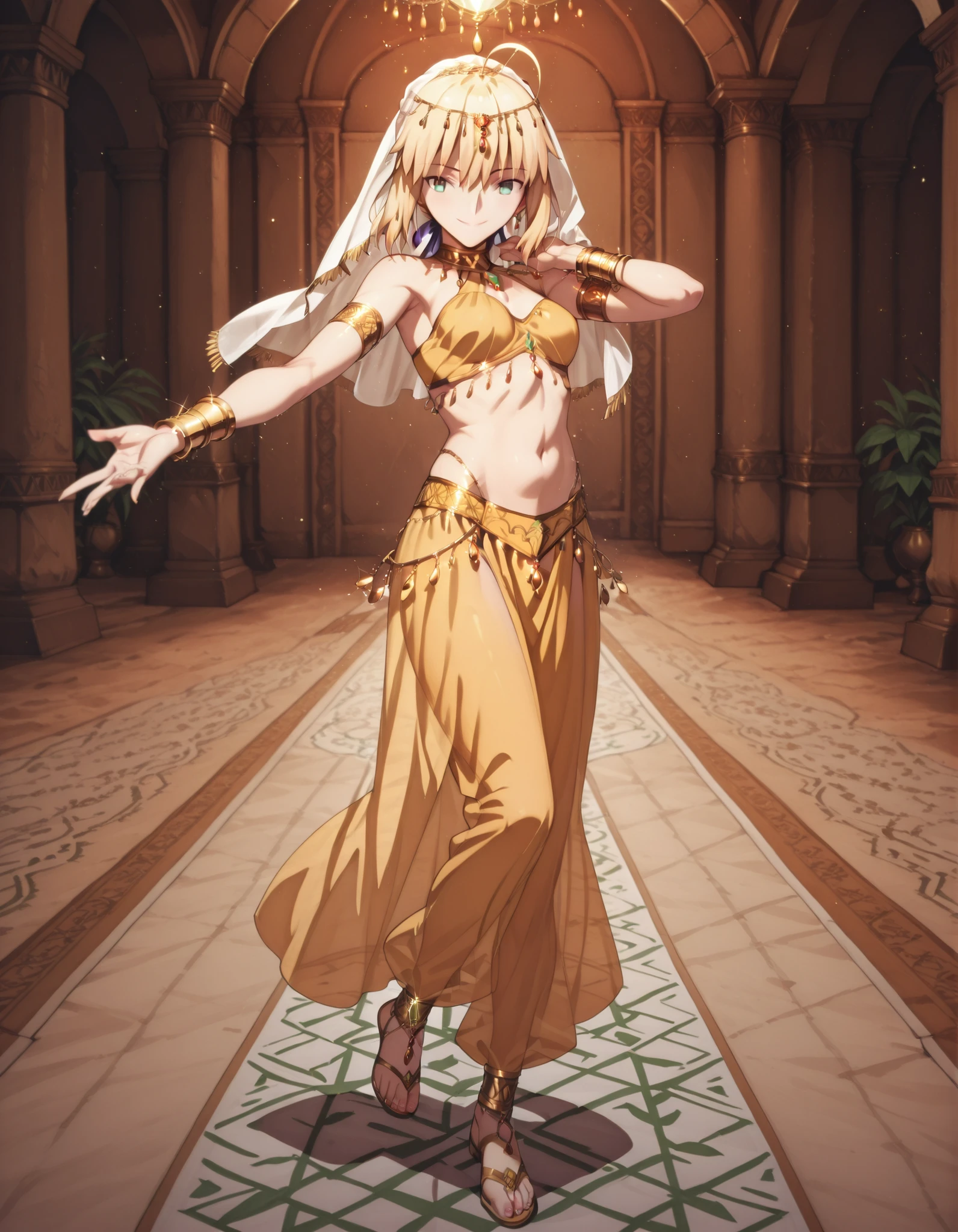 (1girl:1 . 5) , (Seul:1 . 5) , score_9 , score_8_haut , score_7_haut , source_anime , Official work , ultra-detailed , masterpiece , best quality selfie snapshot , high resolution , beaux yeux , detailed eyes , detailed face , beautiful detailed eyes ,Fate,Artoria Pendragon,Arabian Clothes , Arabian Dancer ,belly dancer costume ,full body,golden jewelery,armlet, belly dancing,arabian garden,seductive smile, dancing with veil, dynamic movement,dance posture, seductive pose