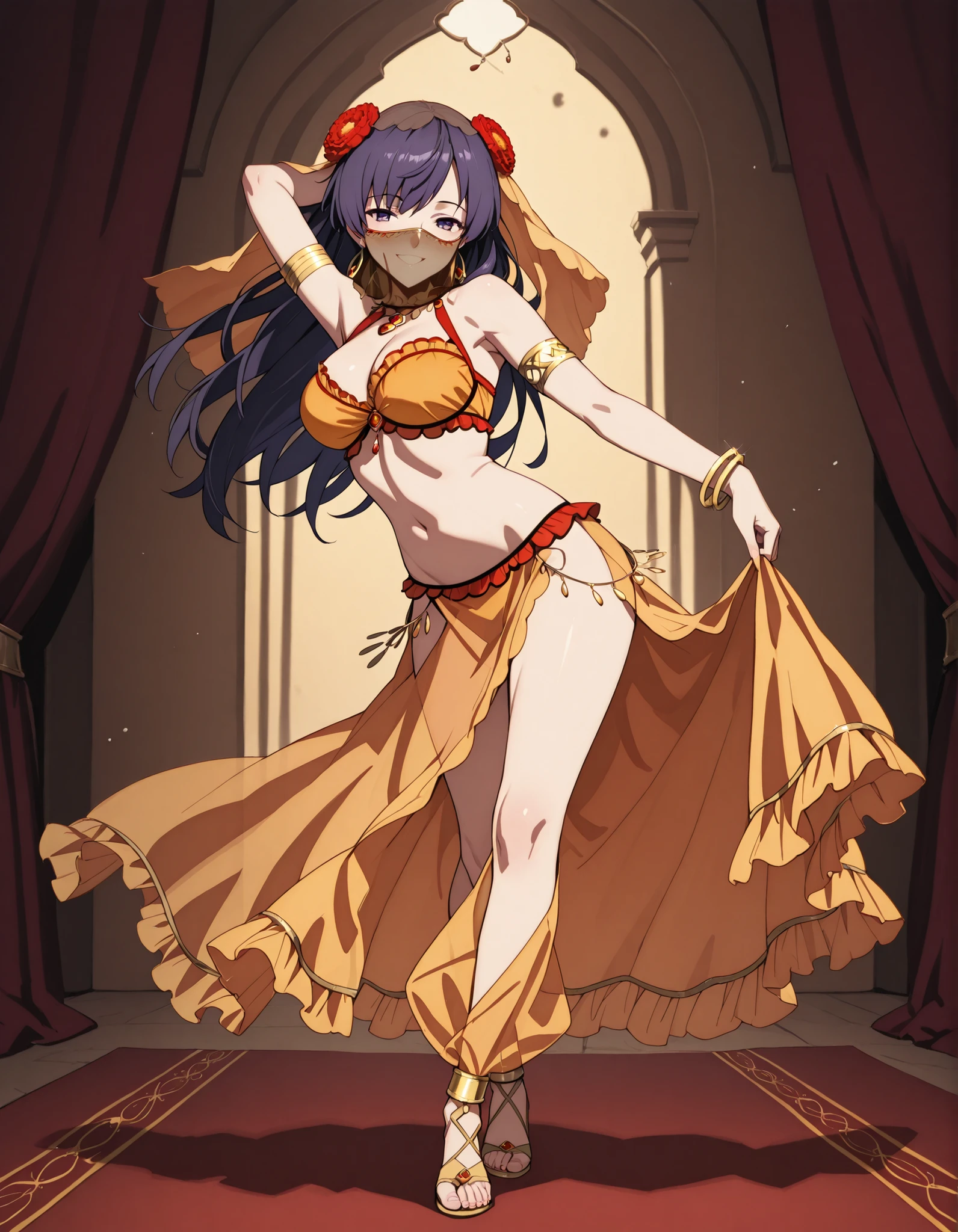 (1girl:1 . 5) , (Seul:1 . 5) , score_9 , score_8_haut , score_7_haut , source_anime , Official work  , ultra-detailed , masterpiece , best quality selfie snapshot , high resolution , beaux yeux , detailed eyes , detailed face , beautiful detailed eyes ,Fate,Mata Hari,Arabian Clothes , Arabian Dancer ,belly dancer costume ,full body,golden jewelery,mouth veil,armlet, belly dancing,arabian theater,seductive smile, dancing with veil, dynamic movement,dance posture, seductive pose