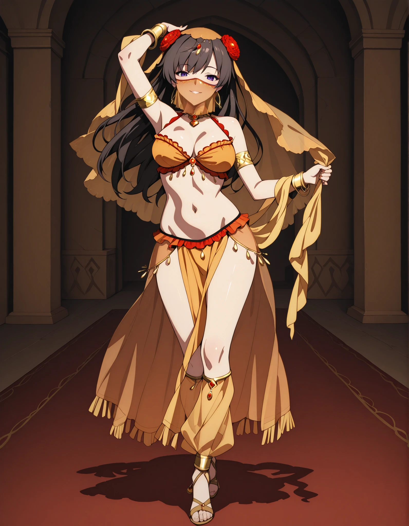 (1girl:1 . 5) , (Seul:1 . 5) , score_9 , score_8_haut , score_7_haut , source_anime , Official work , ultra-detailed , masterpiece , best quality selfie snapshot , high resolution , beaux yeux , detailed eyes , detailed face , beautiful detailed eyes ,Fate,Mata Hari,Arabian Clothes , Arabian Dancer ,belly dancer costume ,full body,golden jewelery,mouth veil,armlet, belly dancing,arabian theater,seductive smile, dancing with veil, dynamic movement,dance posture, pose