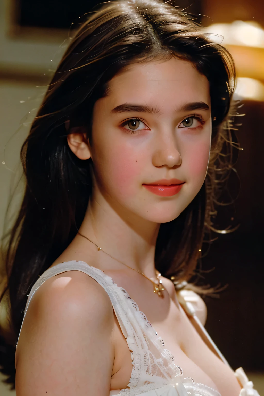 close_up_Portrait, From the side, Ultra-realistic depiction, Soft light falls on her face, full nude、very beautiful girl, At age 15, face showcases delicate and refined features, (Adorable plump round cheeks:1.5), no makeupオーバーザショルダー, delicate and sophisticated facial features, Soft light shines on a girl's face, very beautiful 15 year old girl, graceful smile, HDR, UHD, Realistic, Professional, vivid colors, bokeh, Lighted Studio, Photographer style, Portrait