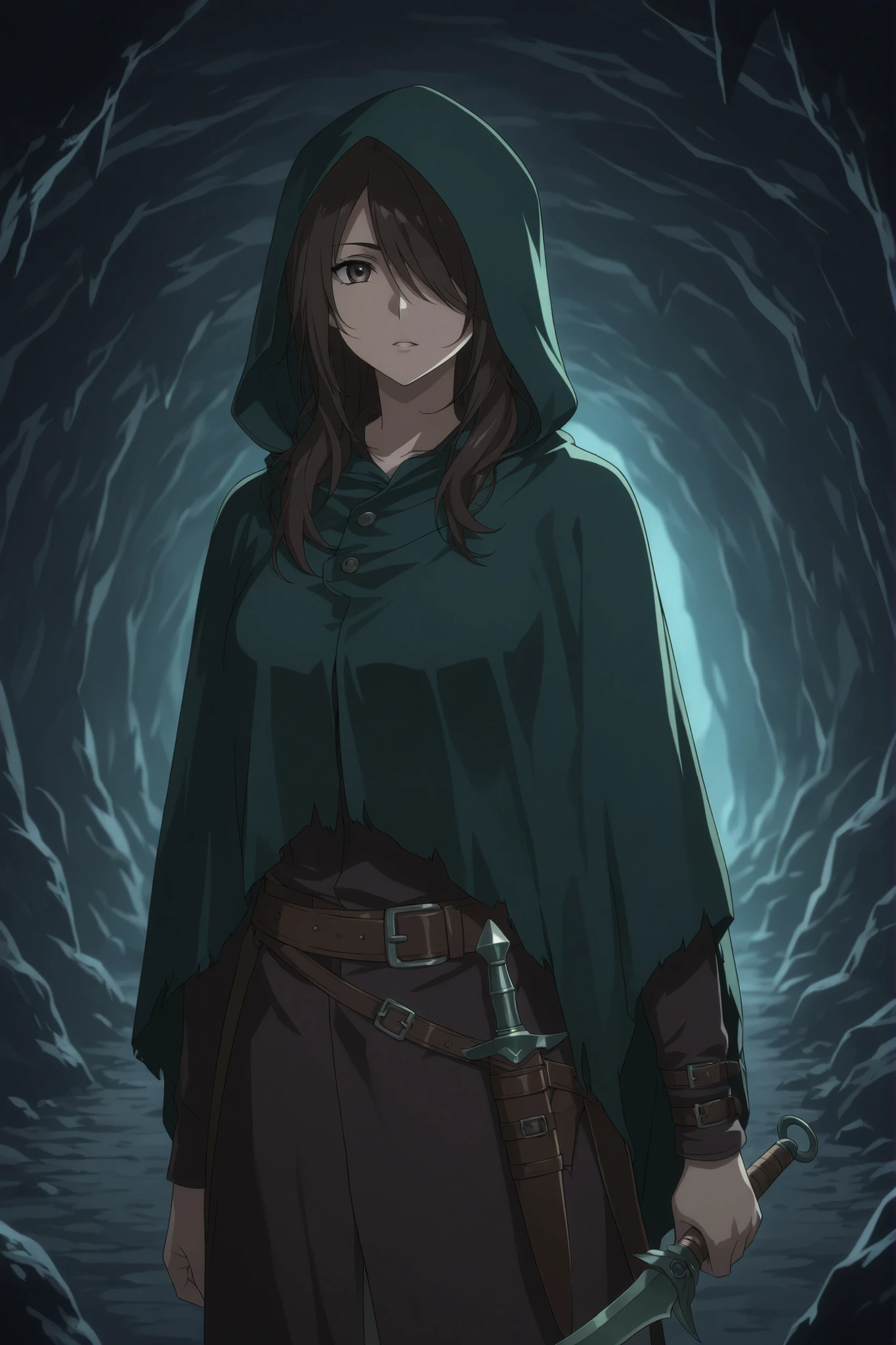1woman,fight in cave,adventurer,assashine,black brown hair,hair over one eye,dark green hooded cloak, holding a dagger,poison dagger, scary evil effect, anime style, vibrant colors, highly detailed, soft lighting,