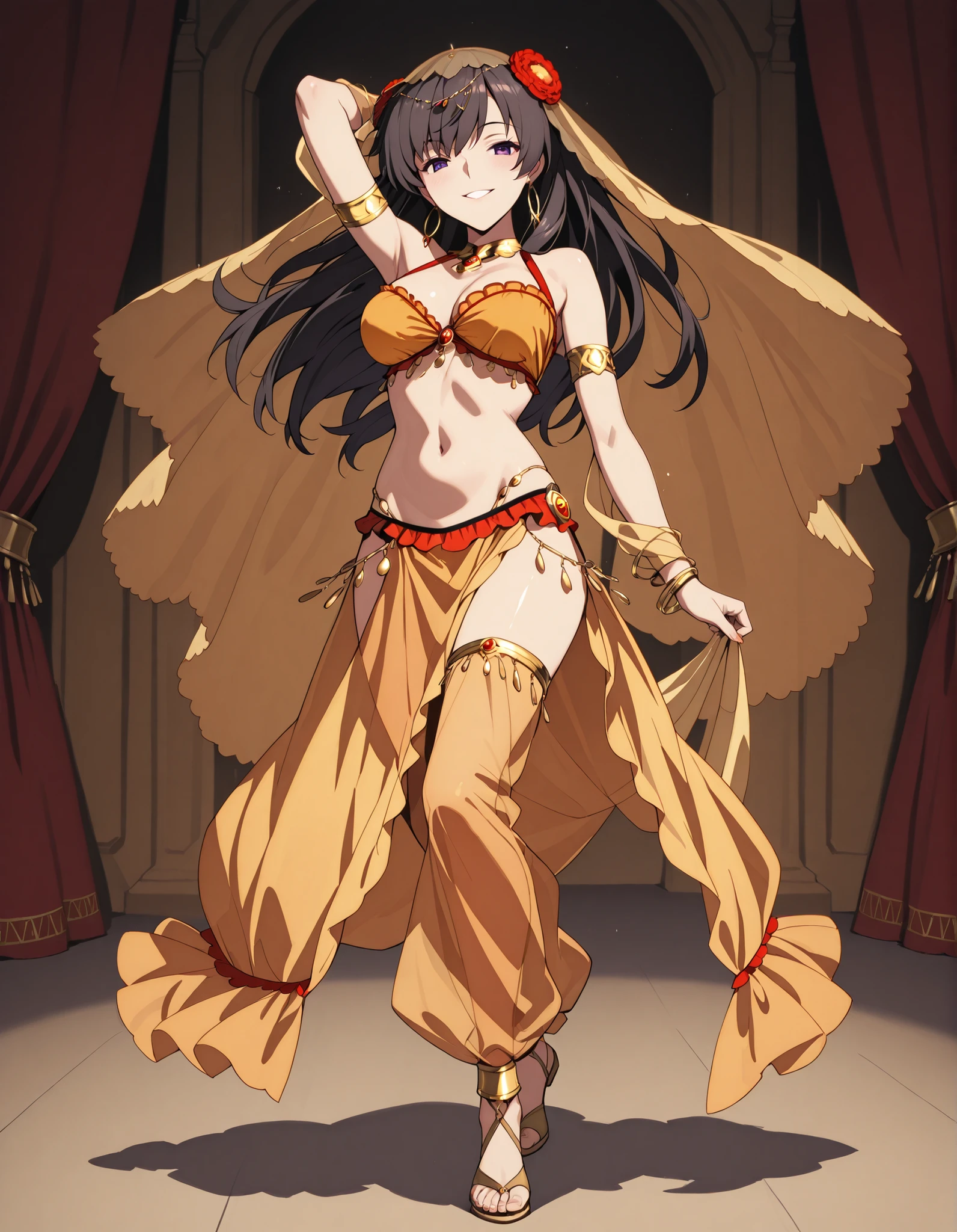 (1girl:1 . 5) , (Seul:1 . 5) , score_9 , score_8_haut , score_7_haut , source_anime , Official work , ultra-detailed , masterpiece , best quality selfie snapshot , high resolution , beaux yeux , detailed eyes , detailed face , beautiful detailed eyes ,Fate,Mata Hari,Arabian Clothes , Arabian Dancer ,belly dancer costume ,full body,golden jewelery,armlet, belly dancing,arabian theater,seductive smile, dancing with veil, dynamic movement,dance posture, pose