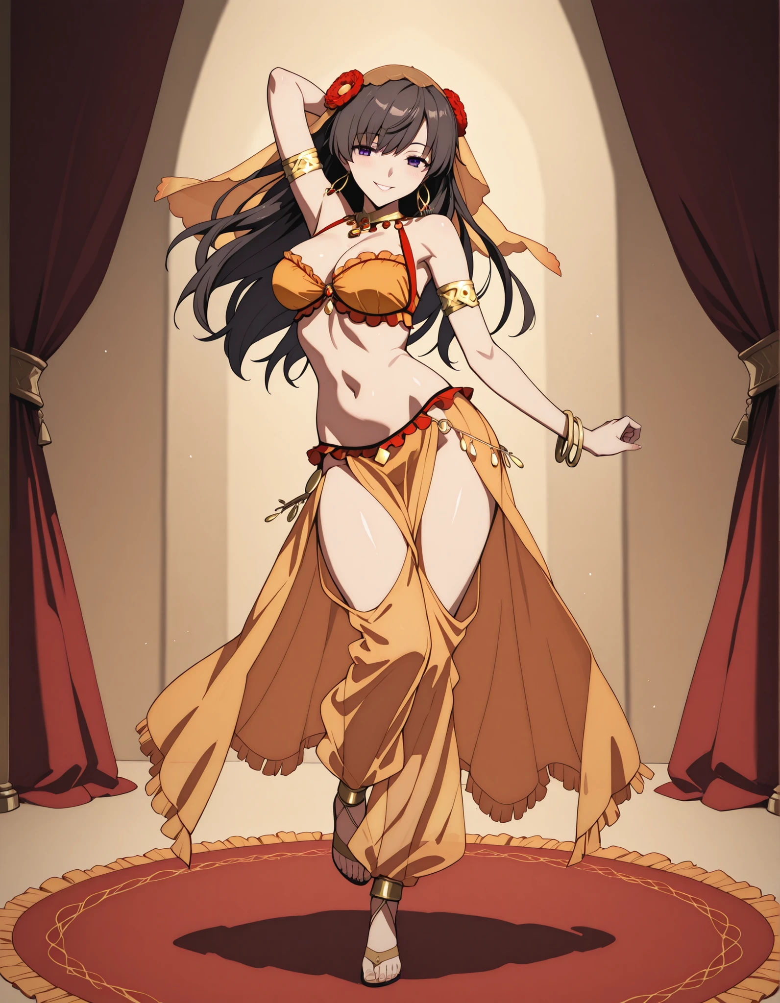 (1girl:1 . 5) , (Seul:1 . 5) , score_9 , score_8_haut , score_7_haut , source_anime , Official work , ultra-detailed , masterpiece , best quality selfie snapshot , high resolution , beaux yeux , detailed eyes , detailed face , beautiful detailed eyes ,Fate,Mata Hari,Arabian Clothes , Arabian Dancer ,belly dancer costume ,full body,golden jewelery,armlet, belly dancing,arabian theater,seductive smile, dancing with veil, dynamic movement,dance posture, seductive pose