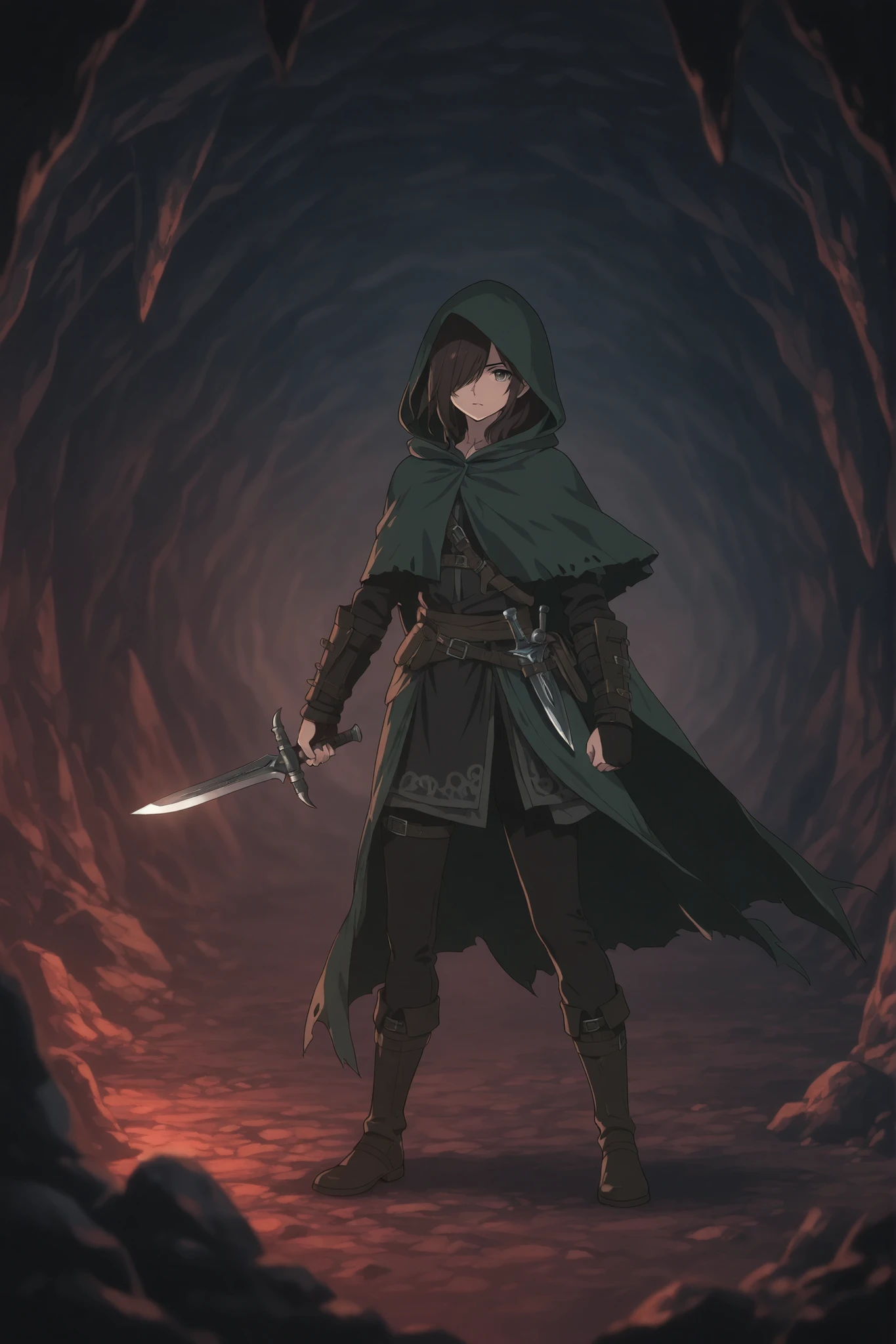 1woman,fight in cave,adventurer,assashine,black brown hair,hair over one eye,dark green hooded cloak, holding a dagger,poison dagger, scary evil effect, anime style, vibrant colors, highly detailed, soft lighting,