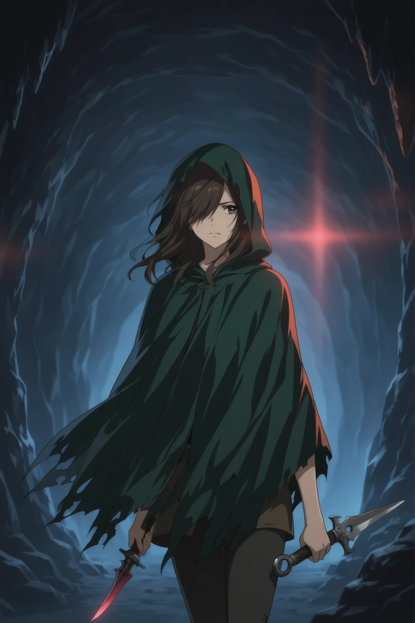 1woman,fight in cave,adventurer,assashine,black brown hair,hair over one eye,dark green hooded cloak, holding a dagger,poison dagger, scary evil effect, anime style, vibrant colors, highly detailed, soft lighting, 