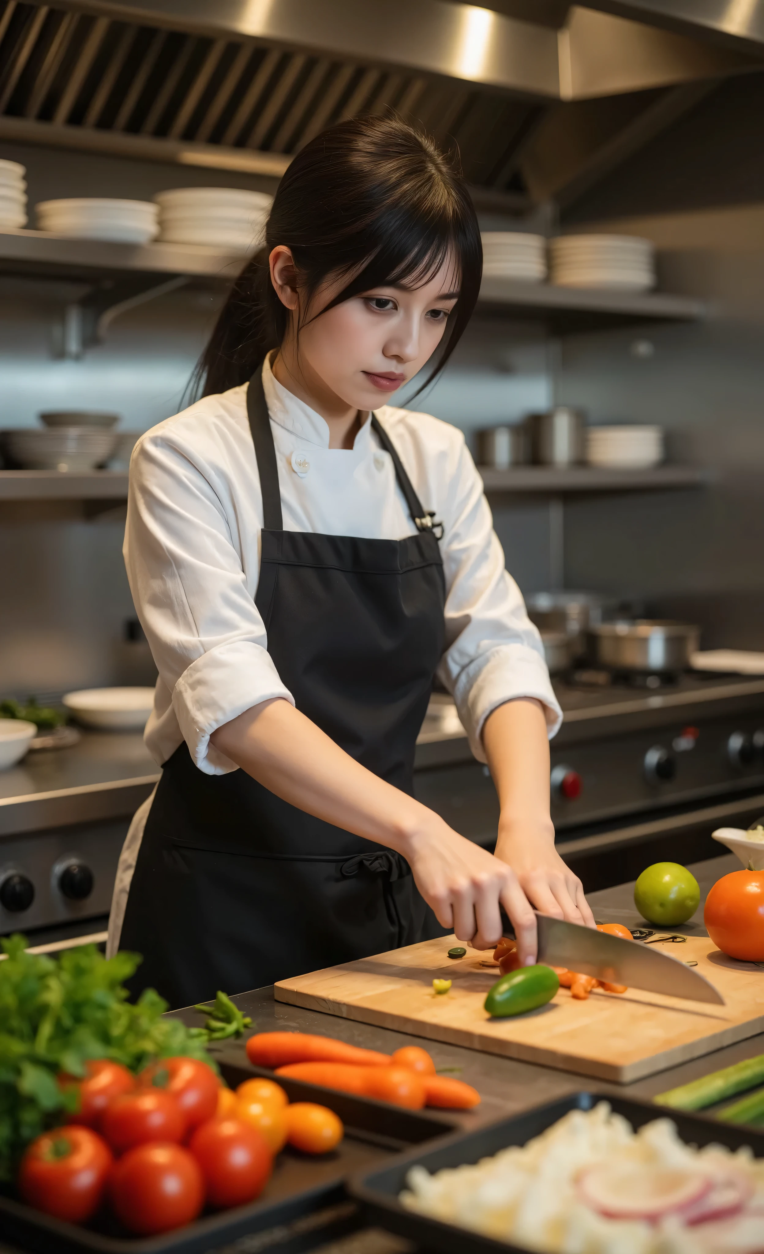 best quality , masterpiece , high sensitivity , high resolution , detailed depiction , Slender Woman , high-end MasterChef setup, elegant female chef at work, perfectly organized mise en place, stainless steel professional kitchen, colorful fresh ingredients, dramatic studio lighting, tack-sharp detail on knife work, premium lens quality,