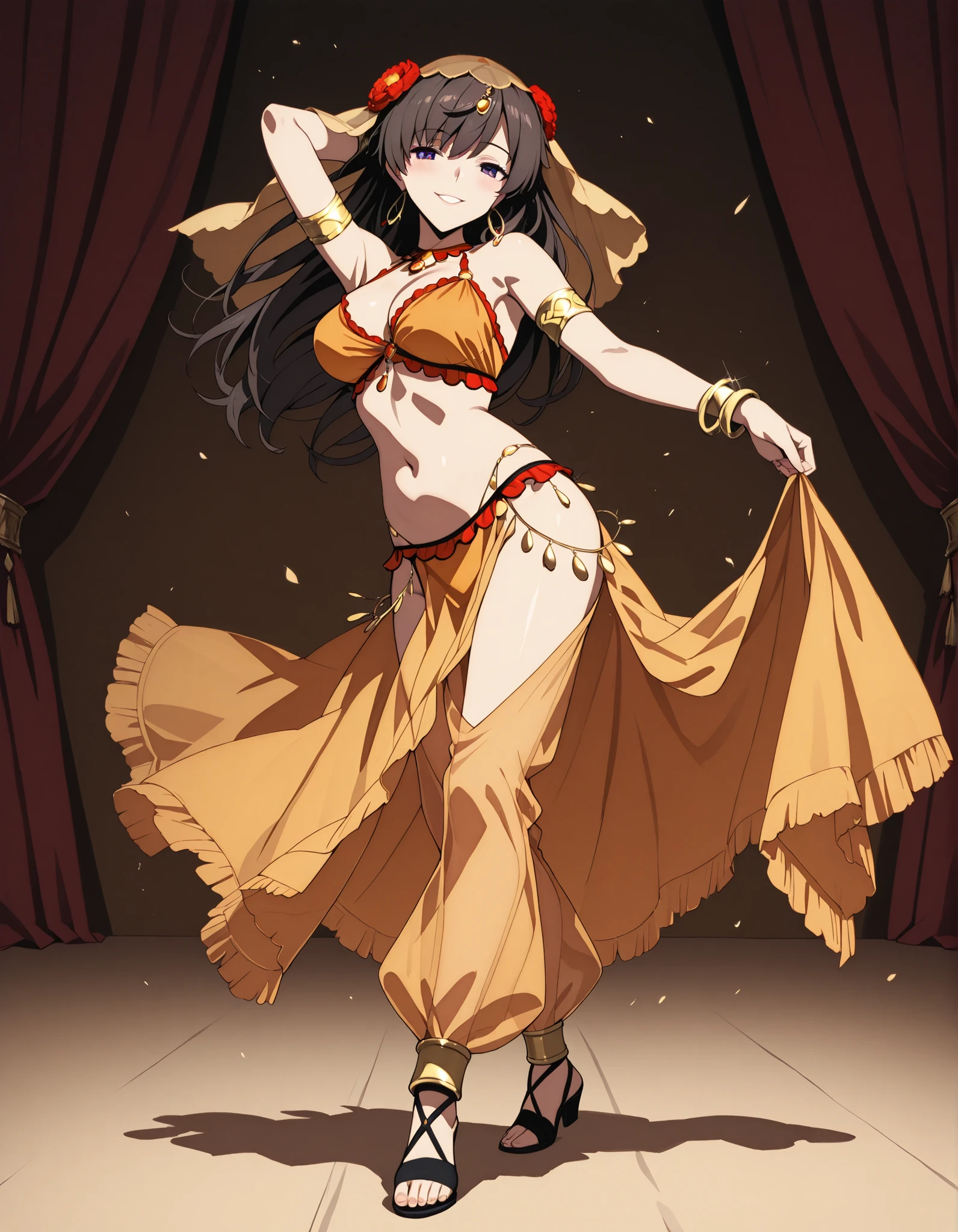 (1girl:1 . 5) , (Seul:1 . 5) , score_9 , score_8_haut , score_7_haut , source_anime , Official work  , ultra-detailed , masterpiece , best quality selfie snapshot , high resolution , beaux yeux , detailed eyes , detailed face , beautiful detailed eyes ,Fate,Mata Hari,Arabian Clothes , Arabian Dancer ,belly dancer costume ,full body,golden jewelery,armlet, belly dancing,arabian theater,seductive smile, dancing with veil, dynamic movement,dance posture, seductive pose