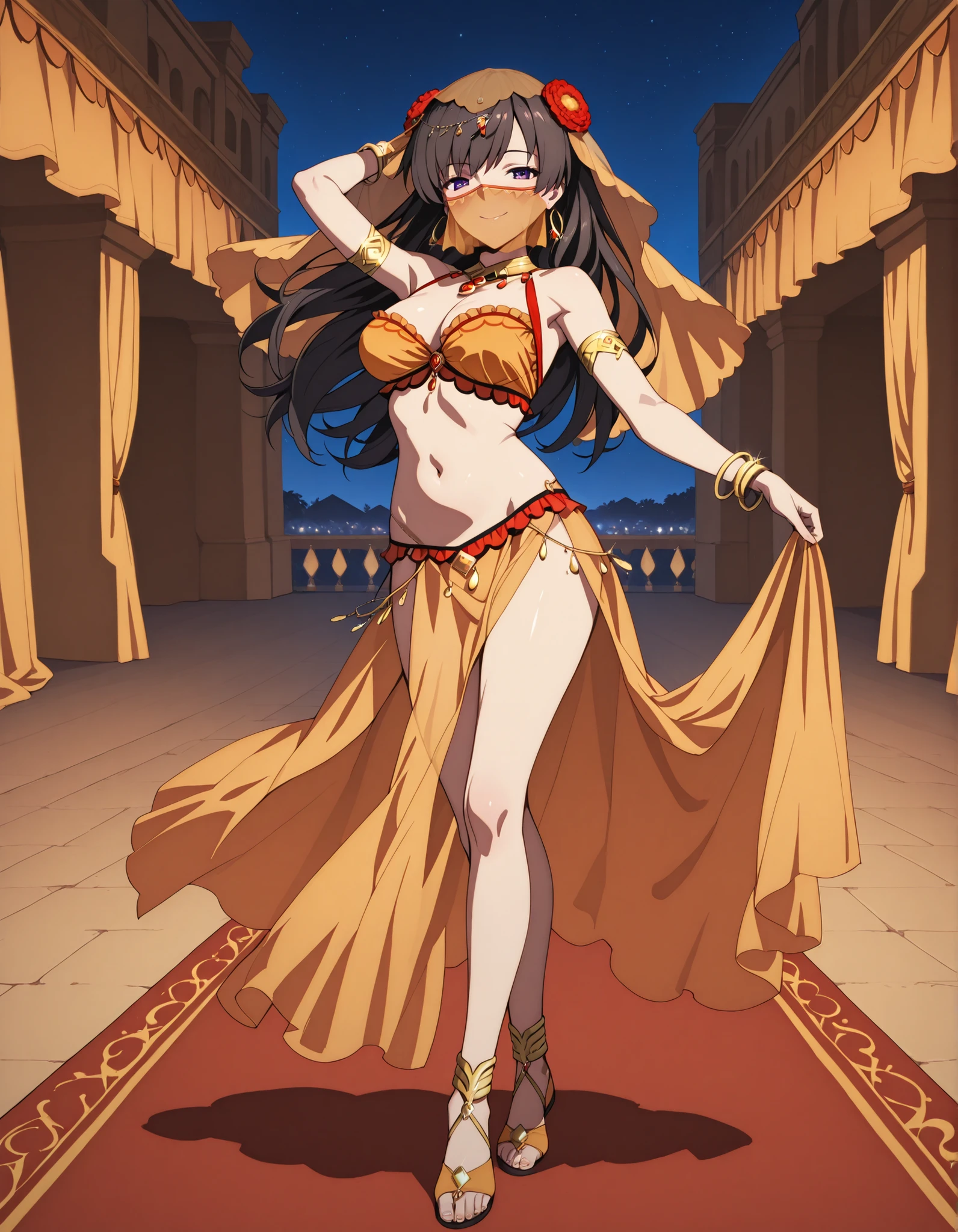 (1girl:1 . 5) , (Seul:1 . 5) , score_9 , score_8_haut , score_7_haut , source_anime , Official work , ultra-detailed , masterpiece , best quality selfie snapshot , high resolution , beaux yeux , detailed eyes , detailed face , beautiful detailed eyes ,Fate,Mata Hari,Arabian Clothes , Arabian Dancer ,belly dancer costume ,full body,golden jewelery,mouth veil,armlet, belly dancing,night,arabian garden,seductive smile, dancing with veil, dynamic movement,dance posture, seductive pose