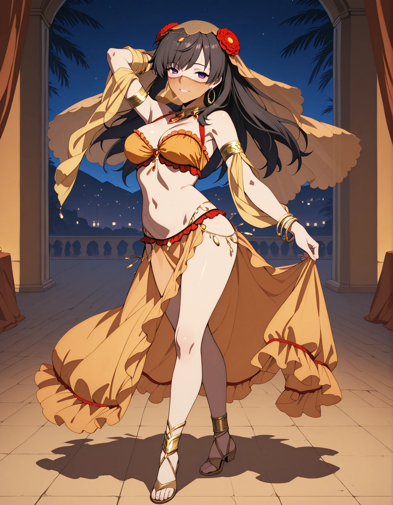 (1girl:1 . 5) , (Seul:1 . 5) , score_9 , score_8_haut , score_7_haut , source_anime , Official work , ultra-detailed , masterpiece , best quality selfie snapshot , high resolution , beaux yeux , detailed eyes , detailed face , beautiful detailed eyes ,Fate,Mata Hari,Arabian Clothes , Arabian Dancer ,belly dancer costume ,full body,golden jewelery,mouth veil,armlet, belly dancing,night,arabian garden,seductive smile, dancing with veil, dynamic movement,dance posture, seductive pose