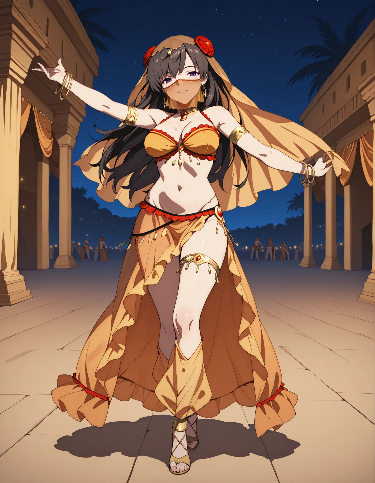 (1girl:1 . 5) , (Seul:1 . 5) , score_9 , score_8_haut , score_7_haut , source_anime , Official work , ultra-detailed , masterpiece , best quality selfie snapshot , high resolution , beaux yeux , detailed eyes , detailed face , beautiful detailed eyes ,Fate,Mata Hari,Arabian Clothes , Arabian Dancer ,belly dancer costume ,full body,golden jewelery,mouth veil,armlet, belly dancing,night,arabian garden,seductive smile, dancing with veil, dynamic movement,dance posture, seductive pose