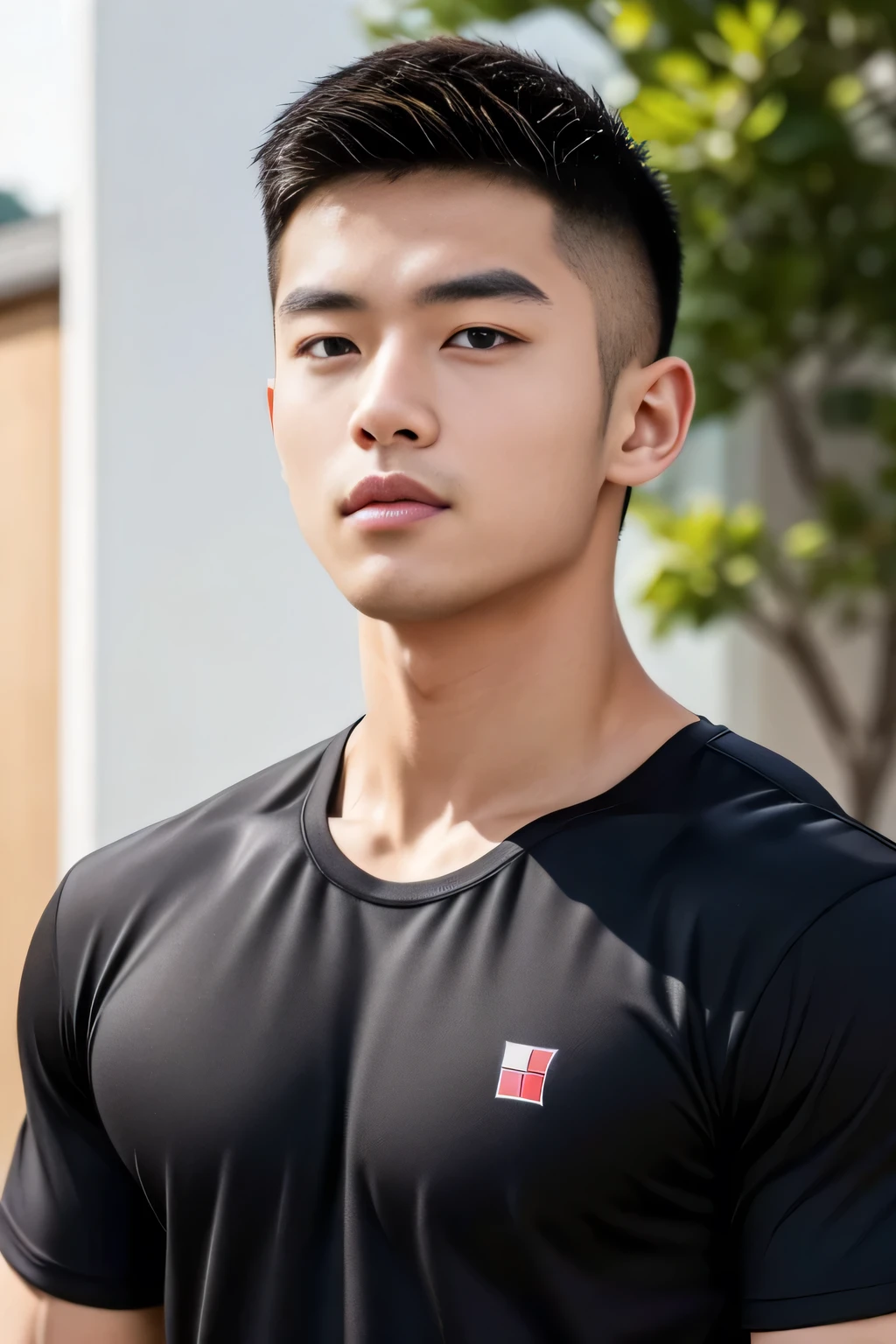 18-year-old male、Japanese、handsome guys、Macho、athlete、plain black clothes、Shaved head