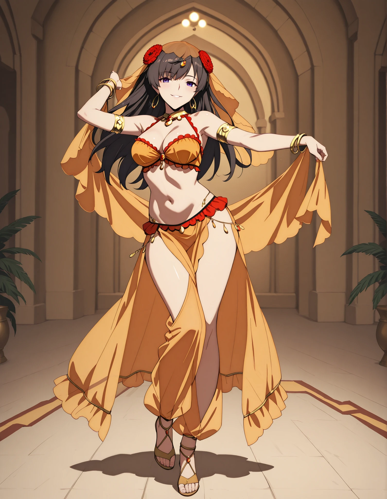 (1girl:1 . 5) , (Seul:1 . 5) , score_9 , score_8_haut , score_7_haut , source_anime , Official work  , ultra-detailed , masterpiece , best quality selfie snapshot , high resolution , beaux yeux , detailed eyes , detailed face , beautiful detailed eyes ,Fate,Mata Hari,Arabian Clothes , Arabian Dancer ,belly dancer costume ,full body,golden jewelery,armlet, belly dancing,arabian garden,seductive smile, dancing with veil, dynamic movement,dance posture, seductive pose