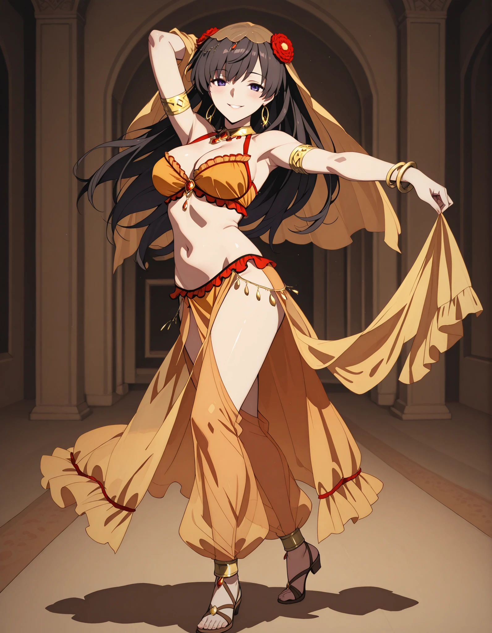 (1girl:1 . 5) , (Seul:1 . 5) , score_9 , score_8_haut , score_7_haut , source_anime , Official work , ultra-detailed , masterpiece , best quality selfie snapshot , high resolution , beaux yeux , detailed eyes , detailed face , beautiful detailed eyes ,Fate,Mata Hari,Arabian Clothes , Arabian Dancer ,belly dancer costume ,full body,golden jewelery,armlet, belly dancing,arabian garden,seductive smile, dancing with veil, dynamic movement,dance posture, seductive pose