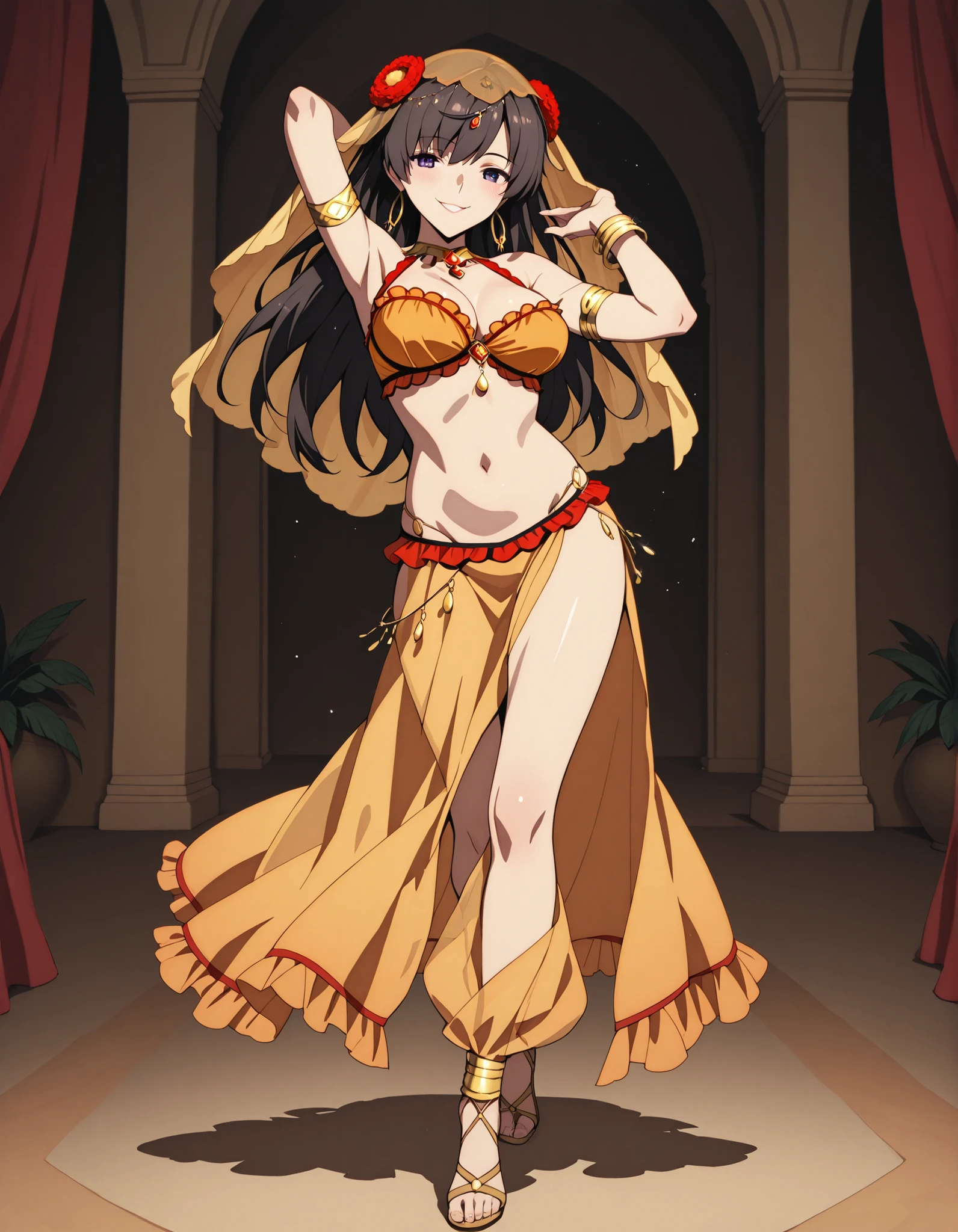 (1girl:1 . 5) , (Seul:1 . 5) , score_9 , score_8_haut , score_7_haut , source_anime , Official work , ultra-detailed , masterpiece , best quality selfie snapshot , high resolution , beaux yeux , detailed eyes , detailed face , beautiful detailed eyes ,Fate,Mata Hari,Arabian Clothes , Arabian Dancer ,belly dancer costume ,full body,golden jewelery,armlet, belly dancing,arabian garden,seductive smile, dancing with veil, dynamic movement,dance posture, pose