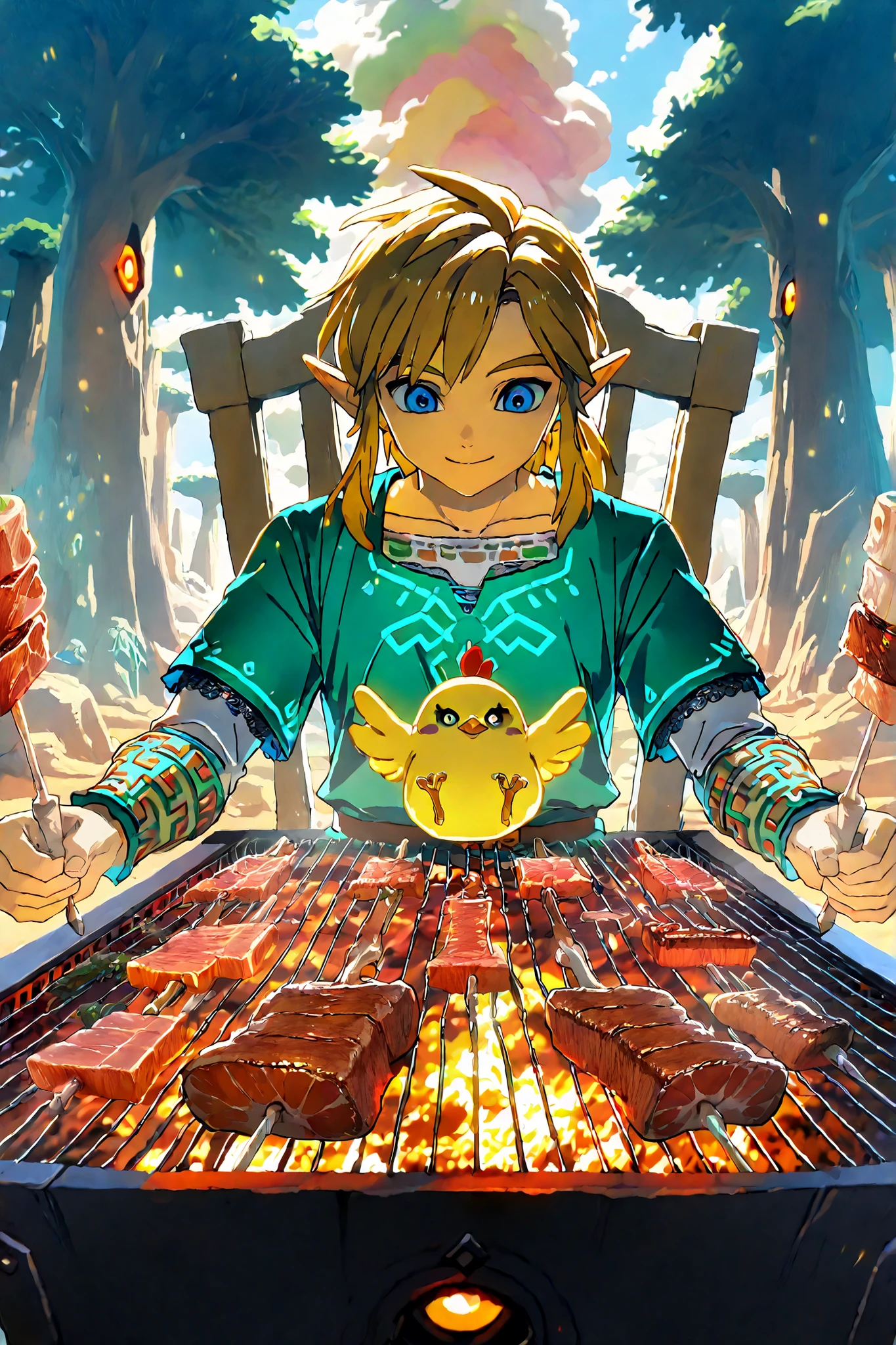 Background:Prairie,grilling meat,Smile Yan,sitting on a chair,,Link,Blonde,1man,Action,dynamic,colorful,Dramatic,Anime Chick,Safe Content(masterpiece, 最High Quality, High Quality, 詳細なBackground, complicated details,complicated,super high resolution, so beautiful ,Newest:1.2)