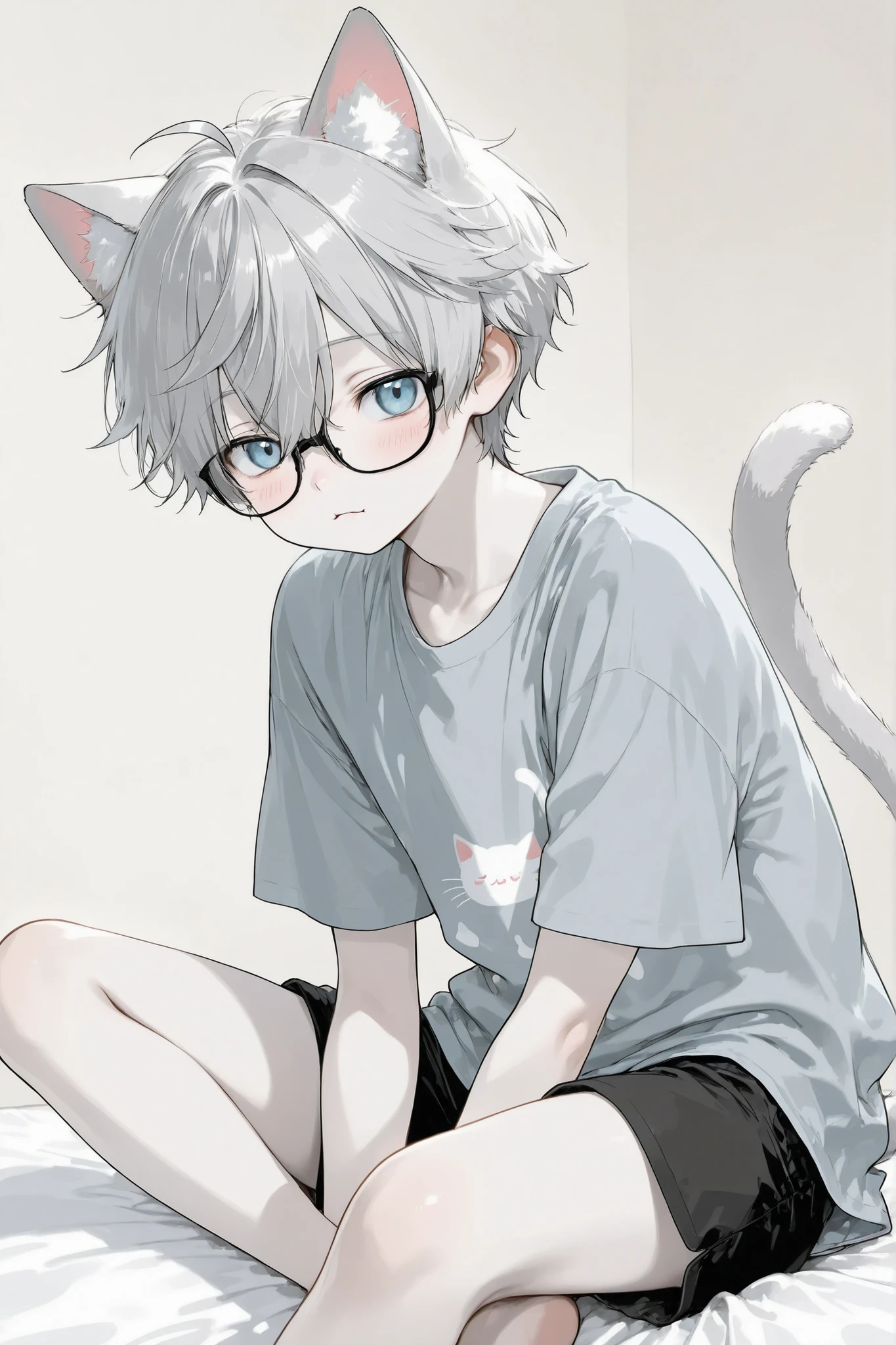 Hybrid kitten boy, he is so adorable, cat-boy, pale skin, alone, he wears black shorts,