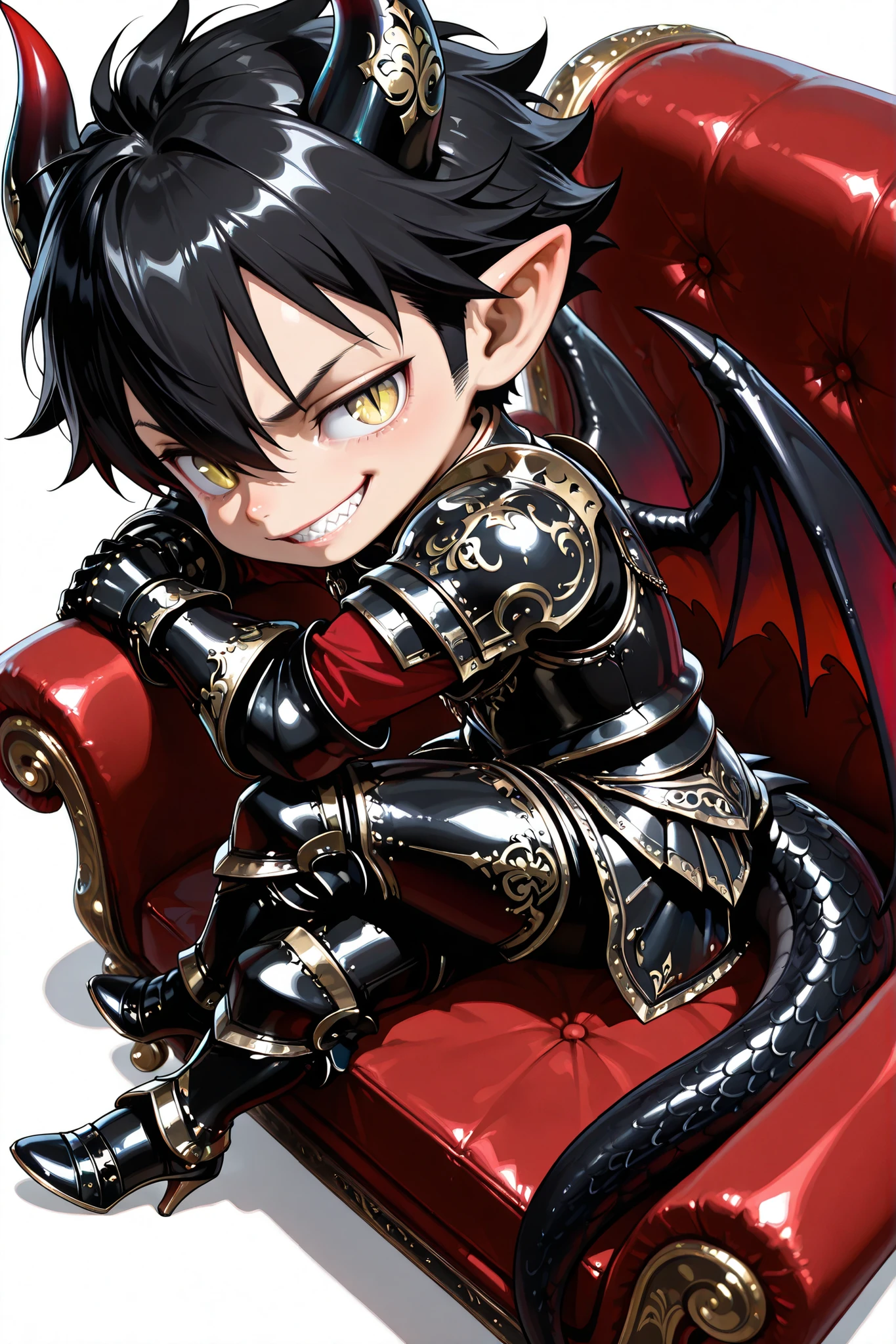 score_9, score_8_up, score_7_up, absurdres, (((128K Ultra High Resolution))), (masterpiece, best quality: 1. 5), (high definition: 1. 4), (highres), 8K wallpaper, (excellent graphics: 1. 5), CG, (((Japanese Anime style)), (chibi, super cute, super deformed: 1. 5), (SD character, shortstack, 2-head-tall: 1. 5), (tiny body, big round head, short limbs, round face: 1. 5), 1 boy\(very small kid), (solo), weredragon, glossy black, shiny black leather, ((beautiful golden eyes, finely detailed eyes, bright eyes, slit pupils)), (hair between eyes, black hair, long hair, sideburns, wild hair), (sly grin, sinister grin, smirk), teeth, confident, ((ultra detailed face)), shiny skin, long pointy ears, twisted torso, sculpted face, wasp waist, dragon horn, dragon tail, dragon wings, dragon sharp claws, (black armor with a lot of grandiose decorations: 1. 5), half dragon half human, (sit cross-legged, sit sideways, luxury antique red plush velvet chair: 1. 5), (dramatic angle, dynamic pose: 1. 5), (ultra detailed black armor, well-polished black armor: 1. 5), (gold-adorned armor: 1. 5), all black outfit, full body, sharp focus, good-looking man, (best illustration, highly detailed artwork: 1. 5), (cinematic), dramatic lighting, (intricate detail, extreme detailed, super detailed: 1. 5), chiseled features, (stark contrast, heavy shadows: 1. 3), detailed black decorations, beautiful & aesthetic, (from side), (from above), (mysteriously crafted black metal armor: 1. 5), thick & luxuriant hair, (ultra detailed fantasy black armor, wonderful black armor: 1. 5), (realistic metal texture), (extremely delicate & beautiful armor, elaborate armor details: 1. 5), (giant black armor, dark armor, stylized armor: 1, 5), (((armor-type high heels))), (extremely detailed armor with intricate engravings, intricate armor with gold ornaments: 1. 5), ((very gorgeous and dazzling)), (dark fantasy black knight: 1. 5), (Hyper Detailed & Perfectly Designed Black Armor: 1. 5), (simple white background)