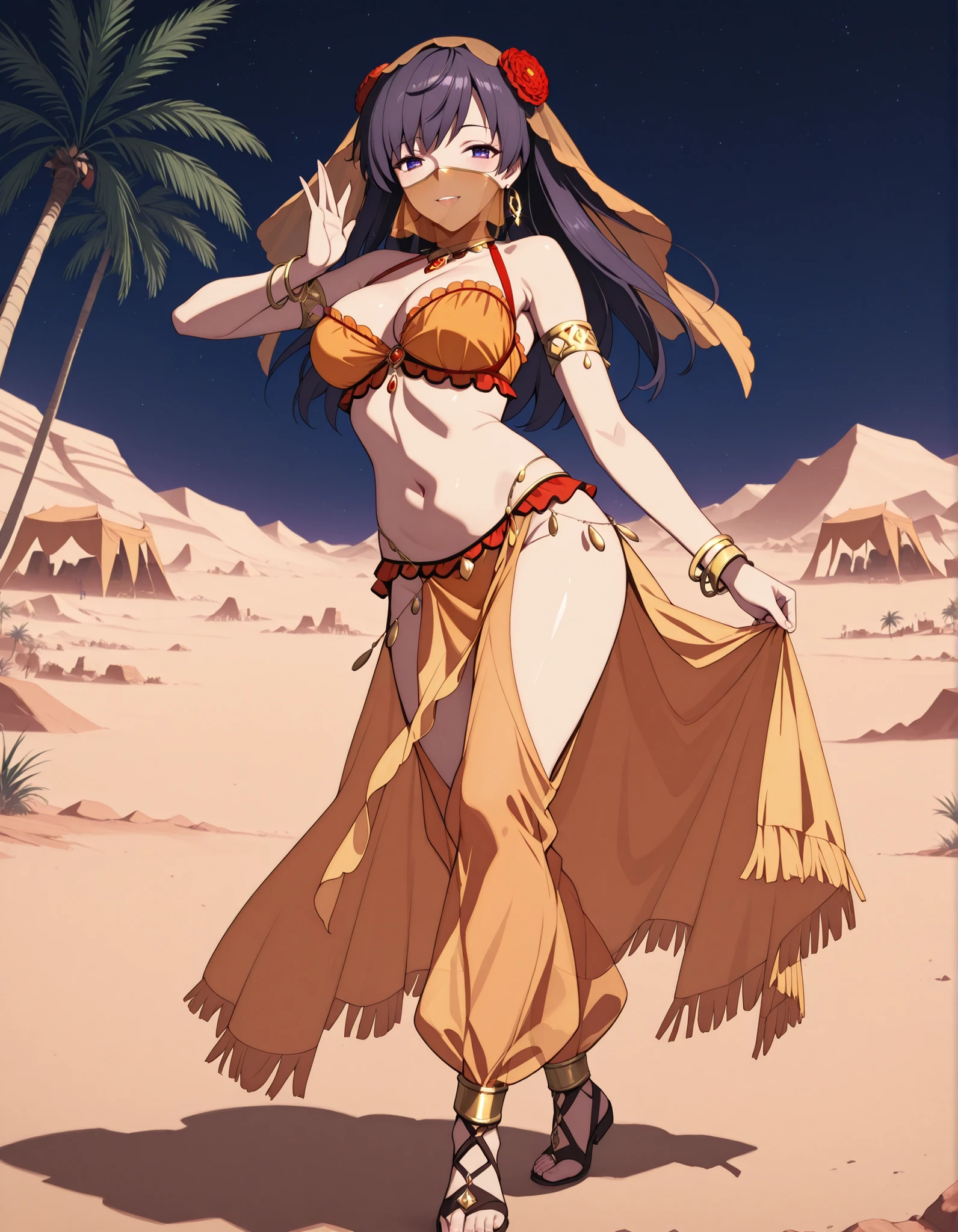 (1girl:1 . 5) , (Seul:1 . 5) , score_9 , score_8_haut , score_7_haut , source_anime , Official work , ultra-detailed , masterpiece , best quality selfie snapshot , high resolution , beaux yeux , detailed eyes , detailed face , beautiful detailed eyes ,Fate,Mata Hari,Arabian Clothes , Arabian Dancer ,belly dancer costume ,full body,golden jewelery,mouth veil,armlet, belly dancing,night,desert lands,palm tree,seductive smile, dancing with veil, dynamic movement,dance posture, seductive pose