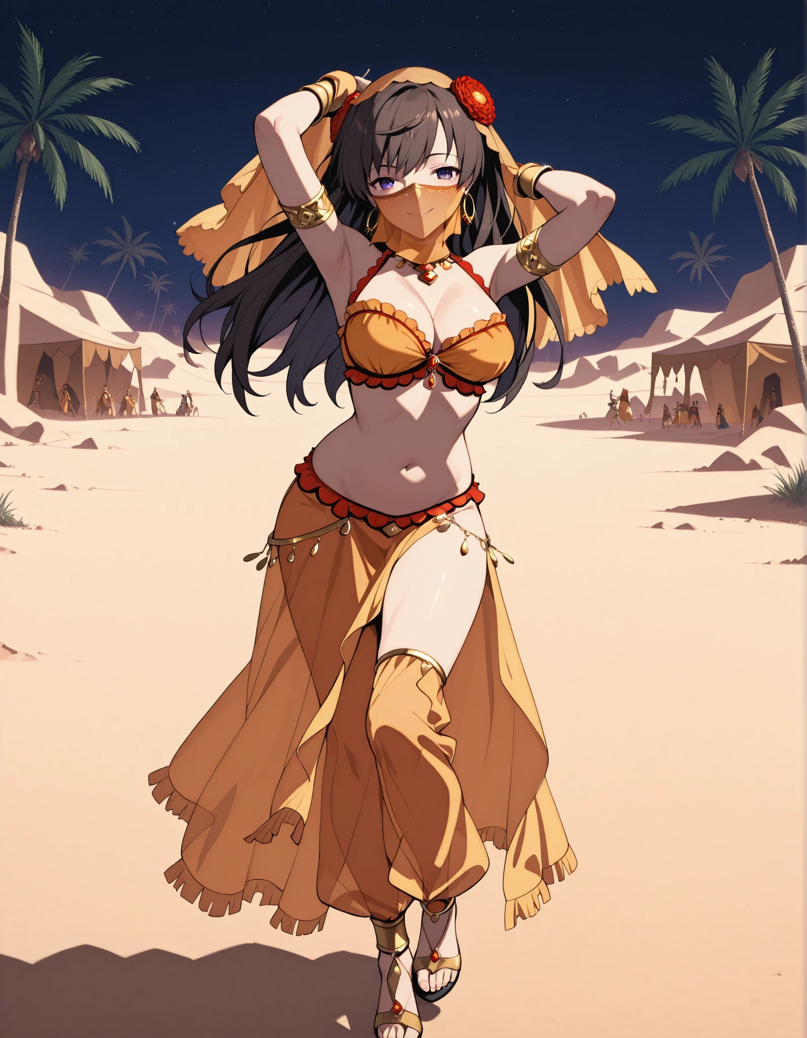 (1girl:1 . 5) , (Seul:1 . 5) , score_9 , score_8_haut , score_7_haut , source_anime , Official work , ultra-detailed , masterpiece , best quality selfie snapshot , high resolution , beaux yeux , detailed eyes , detailed face , beautiful detailed eyes ,Fate,Mata Hari,Arabian Clothes , Arabian Dancer ,belly dancer costume ,full body,golden jewelery,mouth veil,armlet, belly dancing,night,desert lands,palm tree,seductive smile, dancing with veil, dynamic movement,dance posture, pose