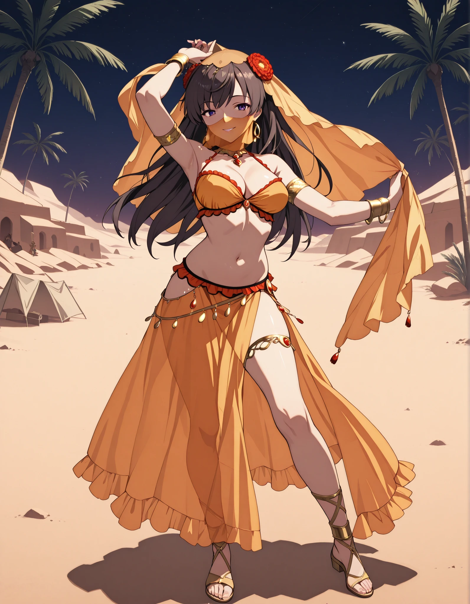 (1girl:1 . 5) , (Seul:1 . 5) , score_9 , score_8_haut , score_7_haut , source_anime , Official work  , ultra-detailed , masterpiece , best quality selfie snapshot , high resolution , beaux yeux , detailed eyes , detailed face , beautiful detailed eyes ,Fate,Mata Hari,Arabian Clothes , Arabian Dancer ,belly dancer costume ,full body,golden jewelery,mouth veil,armlet, belly dancing,night,desert lands,palm tree,seductive smile, dancing with veil, dynamic movement,dance posture,  pose