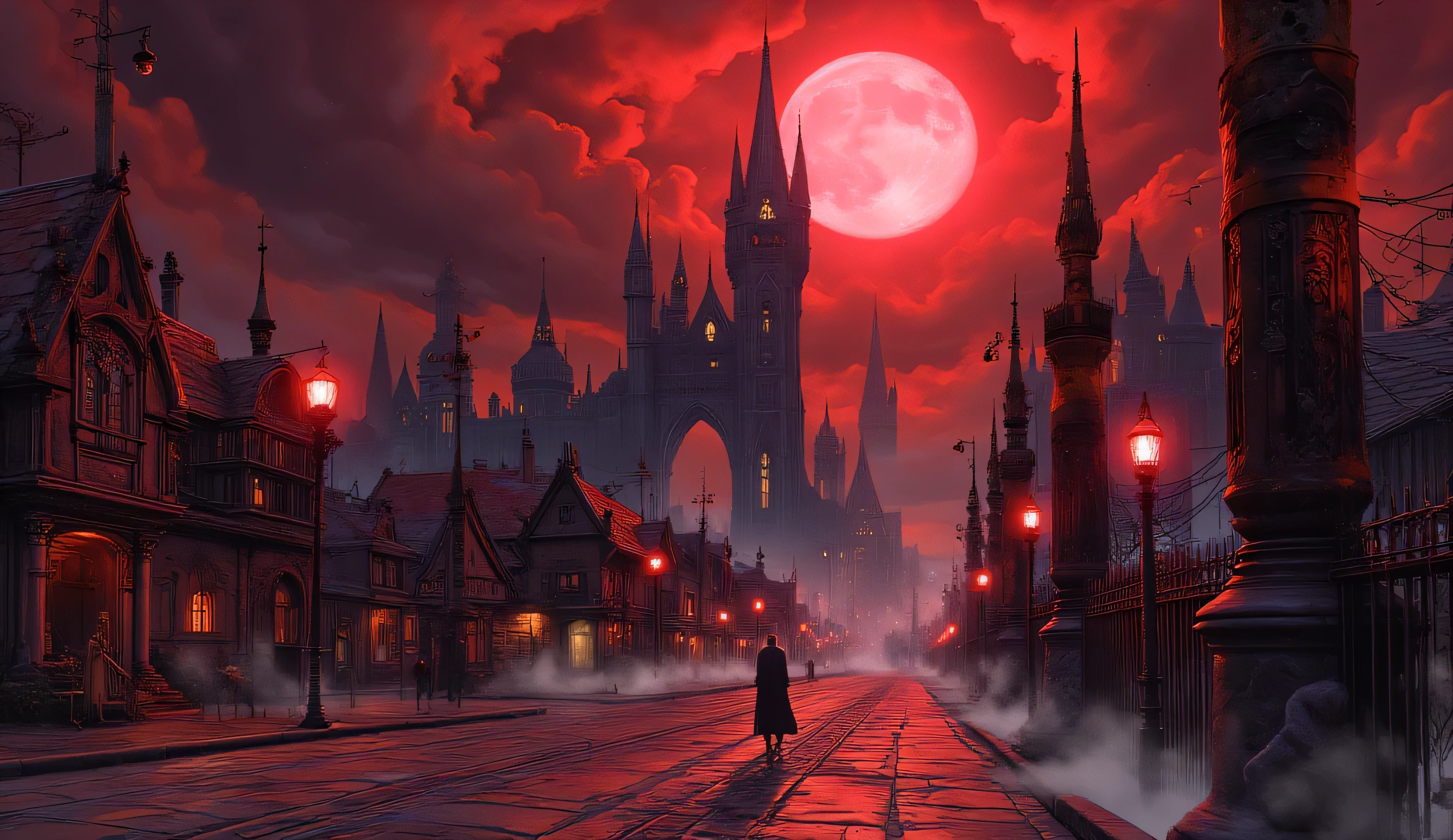 Vampire Realm, Pathfinder style, dark and gothic fantasy kingdom, ruled by ancient vampires, towering black castles, spires piercing blood-red skies, illuminated by eerie moonlight, streets lined with gothic architecture, gargoyles, sinister statues, vampire lords and ladies, elegant yet menacing attire, stroll among thralls and lesser undead, ominous yet majestic atmosphere, swirling mists, enchanted lanterns casting pale light, sense of eternal night reigning over the realm