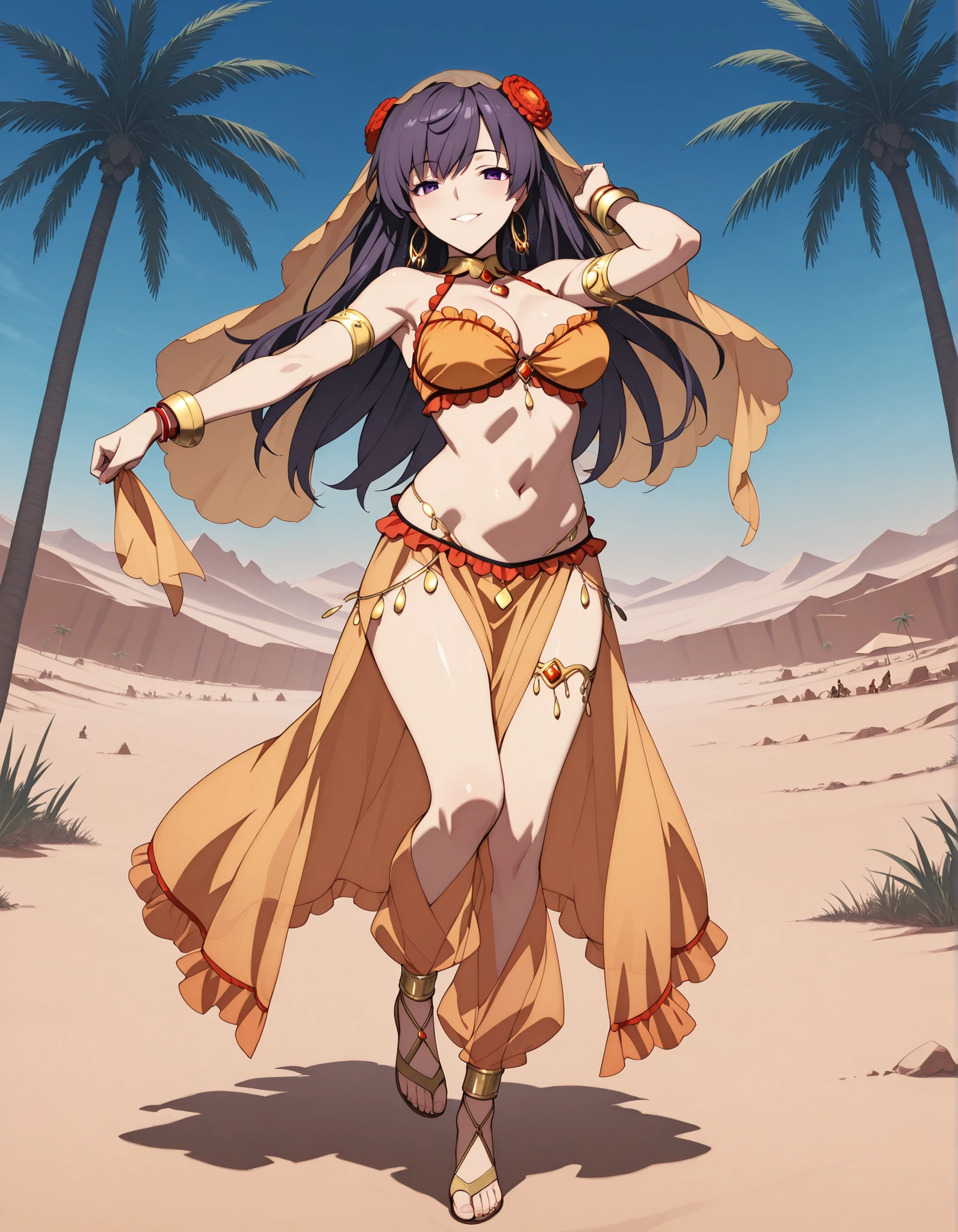 (1girl:1 . 5) , (Seul:1 . 5) , score_9 , score_8_haut , score_7_haut , source_anime , Official work , ultra-detailed , masterpiece , best quality selfie snapshot , high resolution , beaux yeux , detailed eyes , detailed face , beautiful detailed eyes ,Fate,Mata Hari,Arabian Clothes , Arabian Dancer ,belly dancer costume ,full body,golden jewelery,armlet, belly dancing,desert lands,palm tree,seductive smile, dancing with veil, dynamic movement,dance posture, pose