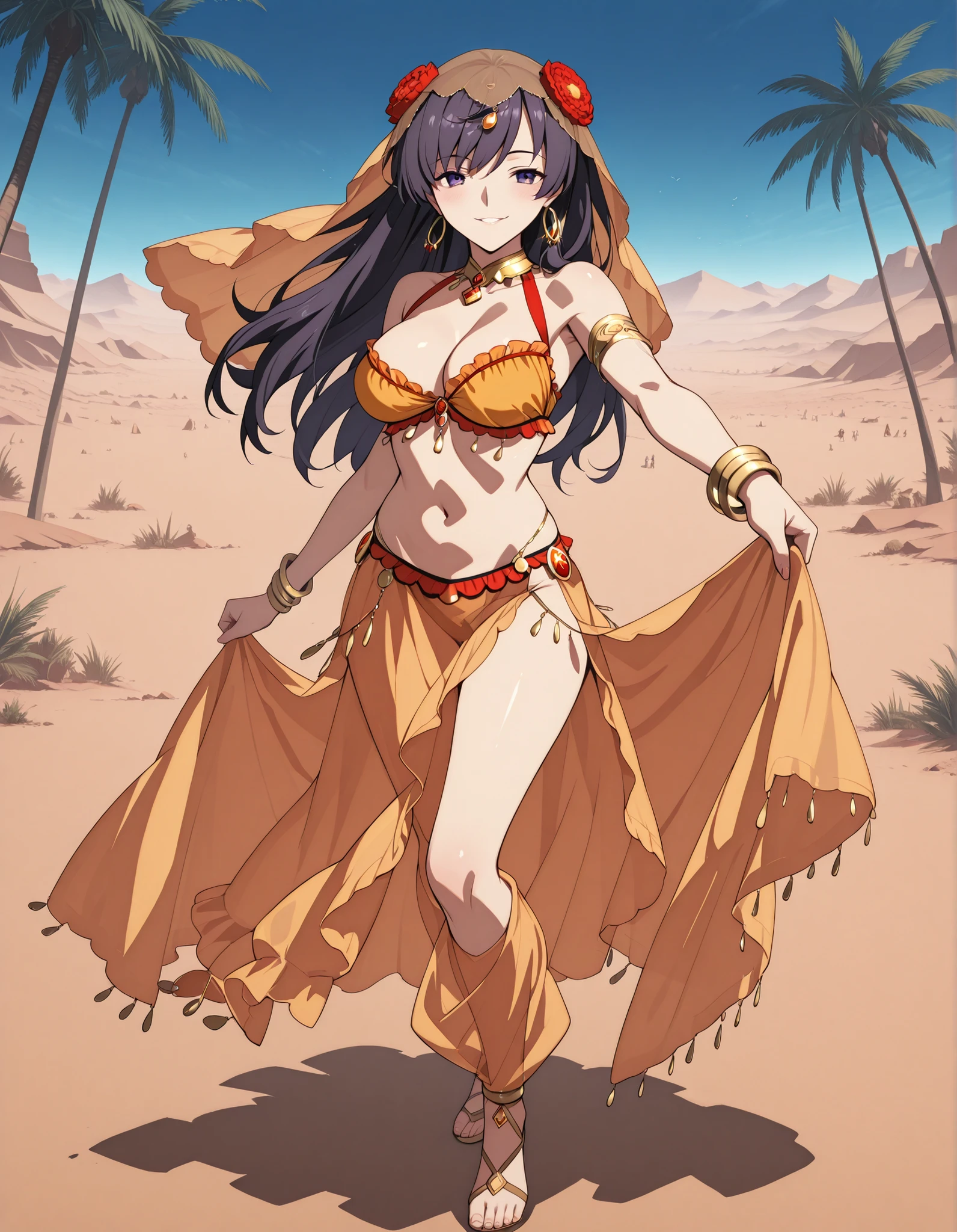 (1girl:1 . 5) , (Seul:1 . 5) , score_9 , score_8_haut , score_7_haut , source_anime , Official work , ultra-detailed , masterpiece , best quality selfie snapshot , high resolution , beaux yeux , detailed eyes , detailed face , beautiful detailed eyes ,Fate,Mata Hari,Arabian Clothes , Arabian Dancer ,belly dancer costume ,full body,golden jewelery,armlet, belly dancing,desert lands,palm tree,seductive smile, dancing with veil, dynamic movement,dance posture, pose